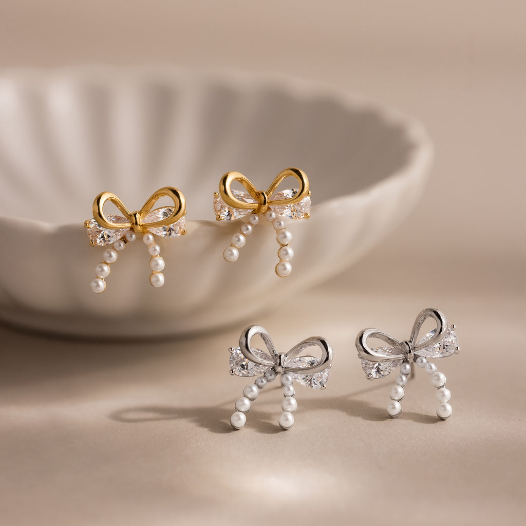 Pearl Diamond Bow Studs