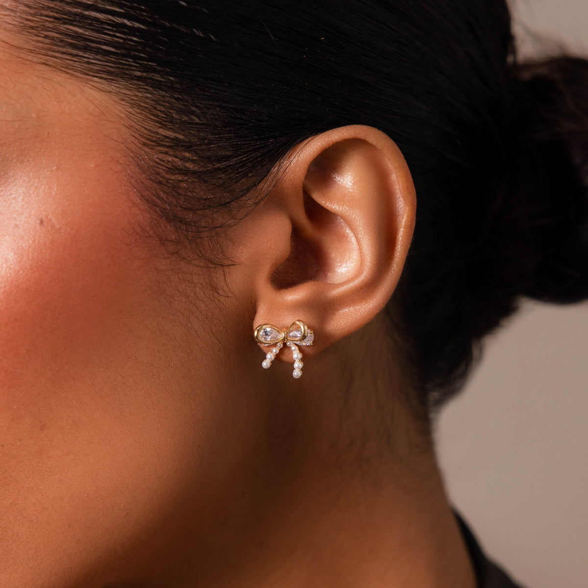 Pearl Diamond Bow Studs in 18K Gold