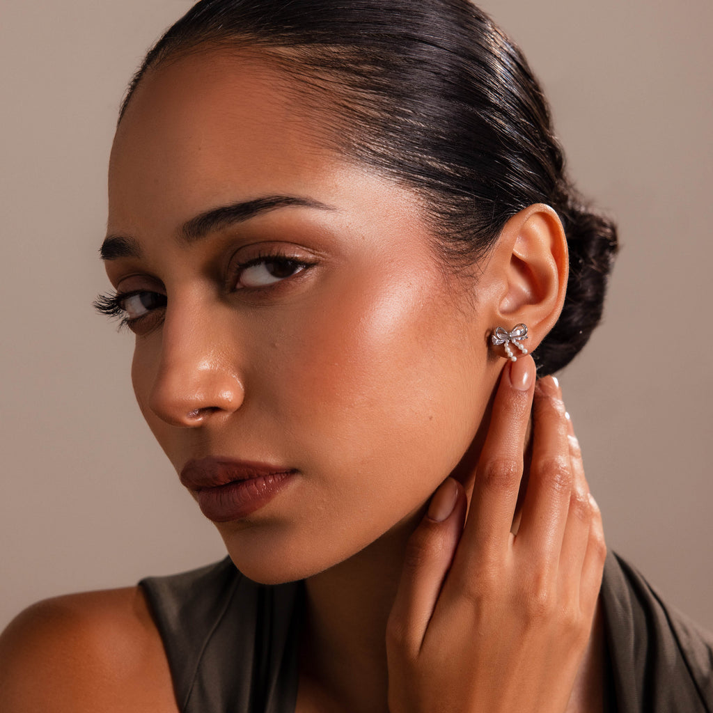 Pearl Diamond Bow Studs in Silver