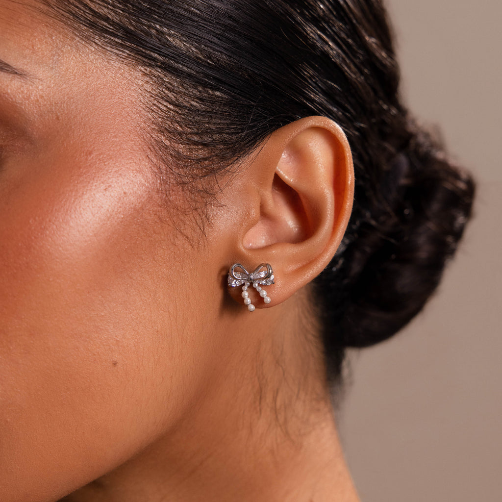Pearl Diamond Bow Studs in Silver