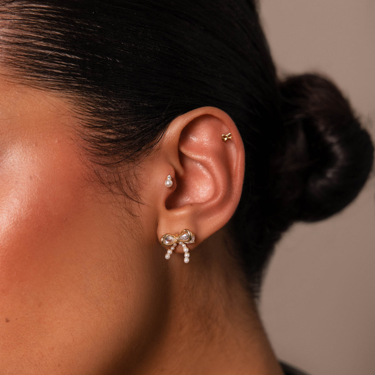 Pearl Diamond Bow Studs in Silver