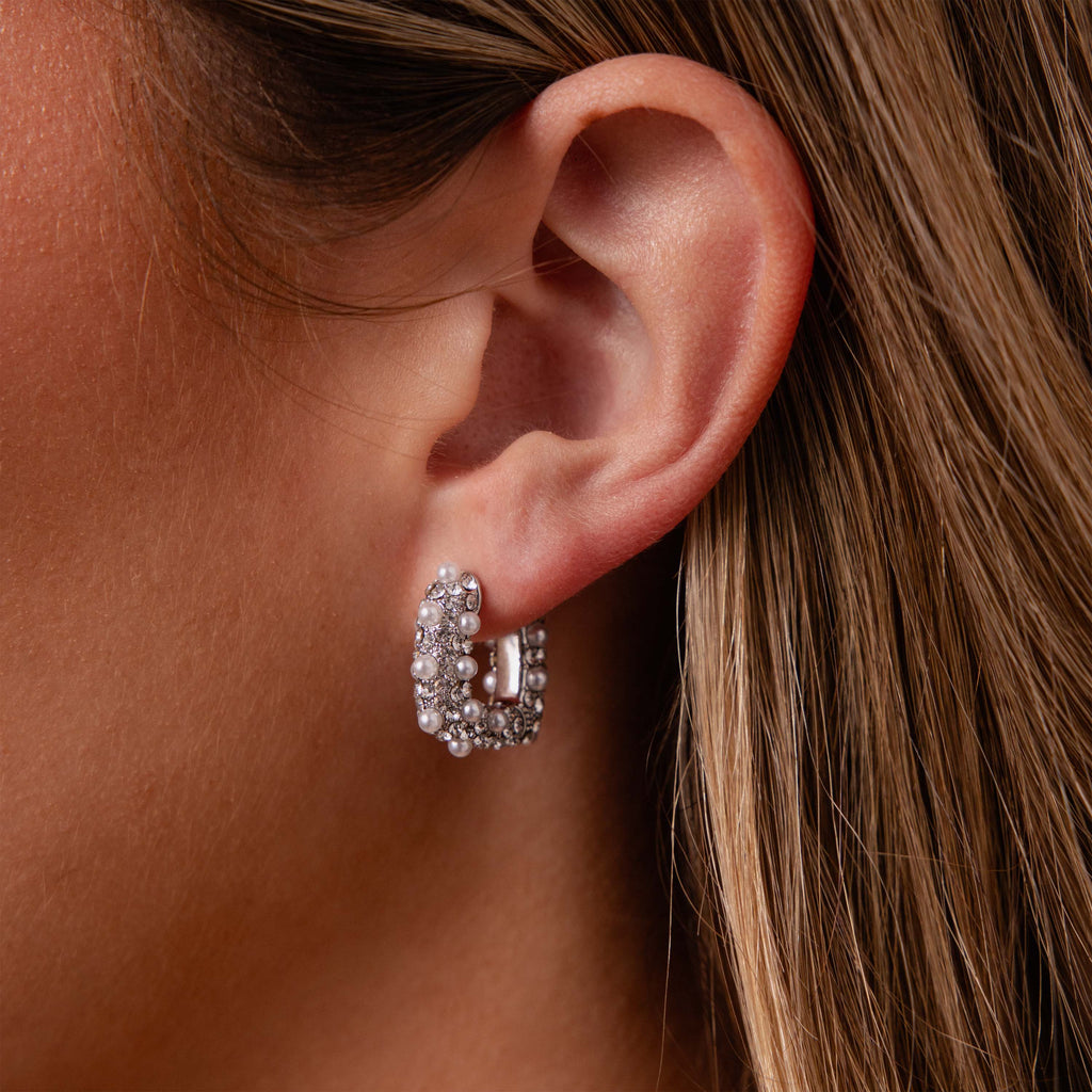 Textured Pearl Wrap Hoops in Silver