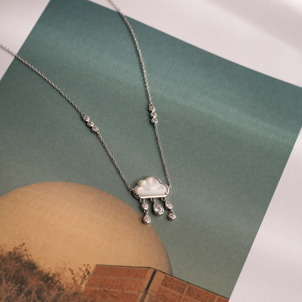 Diamond Pearl Rain Cloud Necklace in Silver