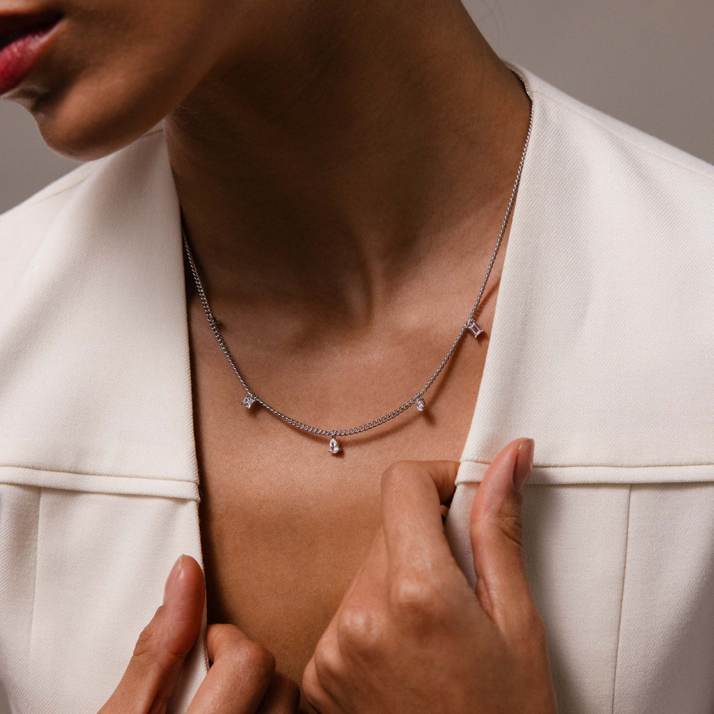 Diamond Station Curb Necklace in Silver