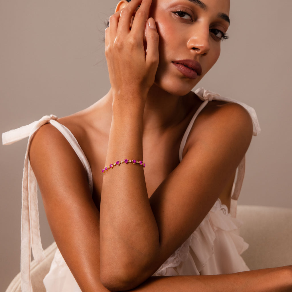 Pink Tourmaline Heart Tennis Bracelet in 18K Gold