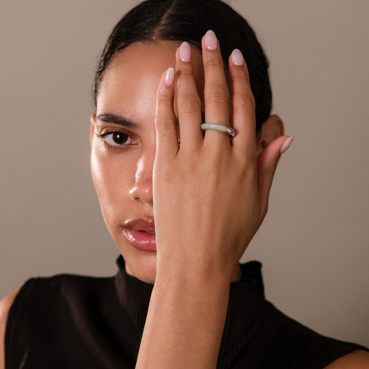 Half Jade Ring in Silver