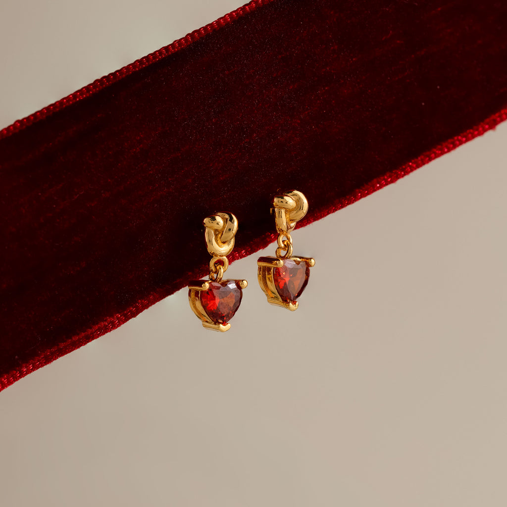 Garnet Heart Knot Studs in 18K Gold
