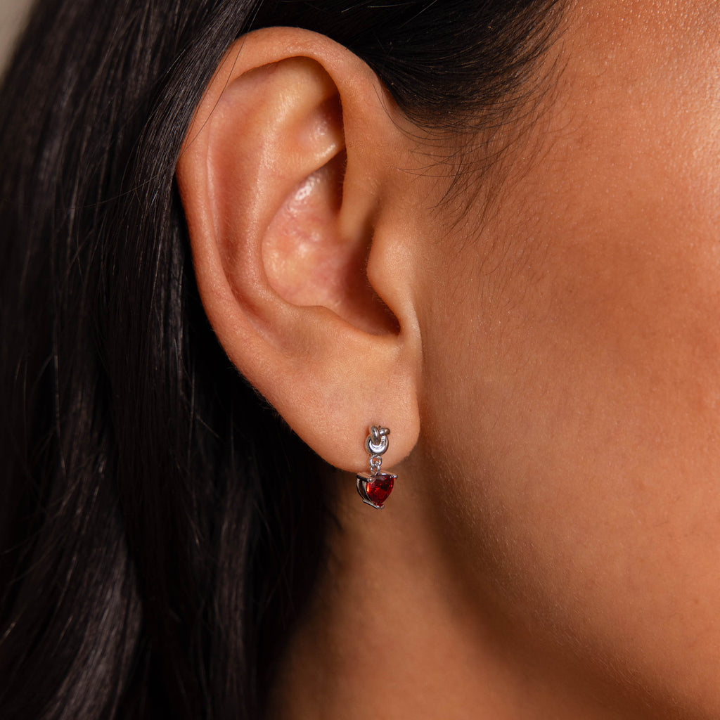 Garnet Heart Knot Studs in Silver
