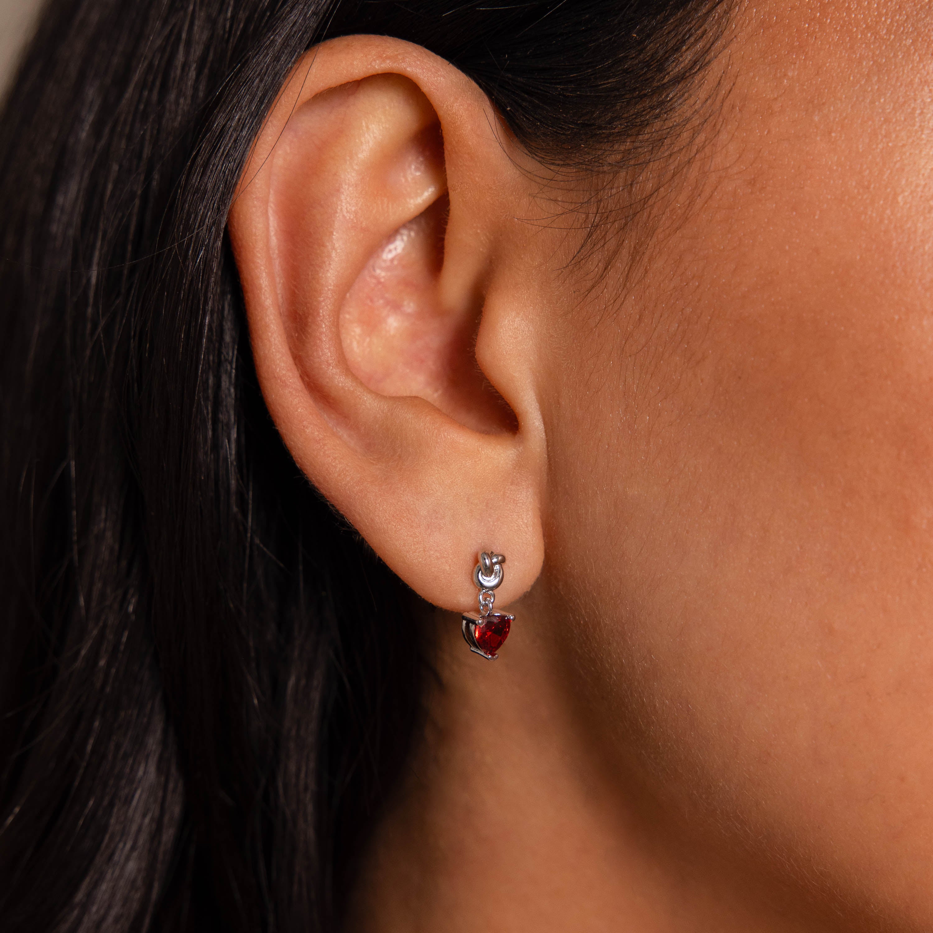 Garnet Heart Knot Studs in Silver