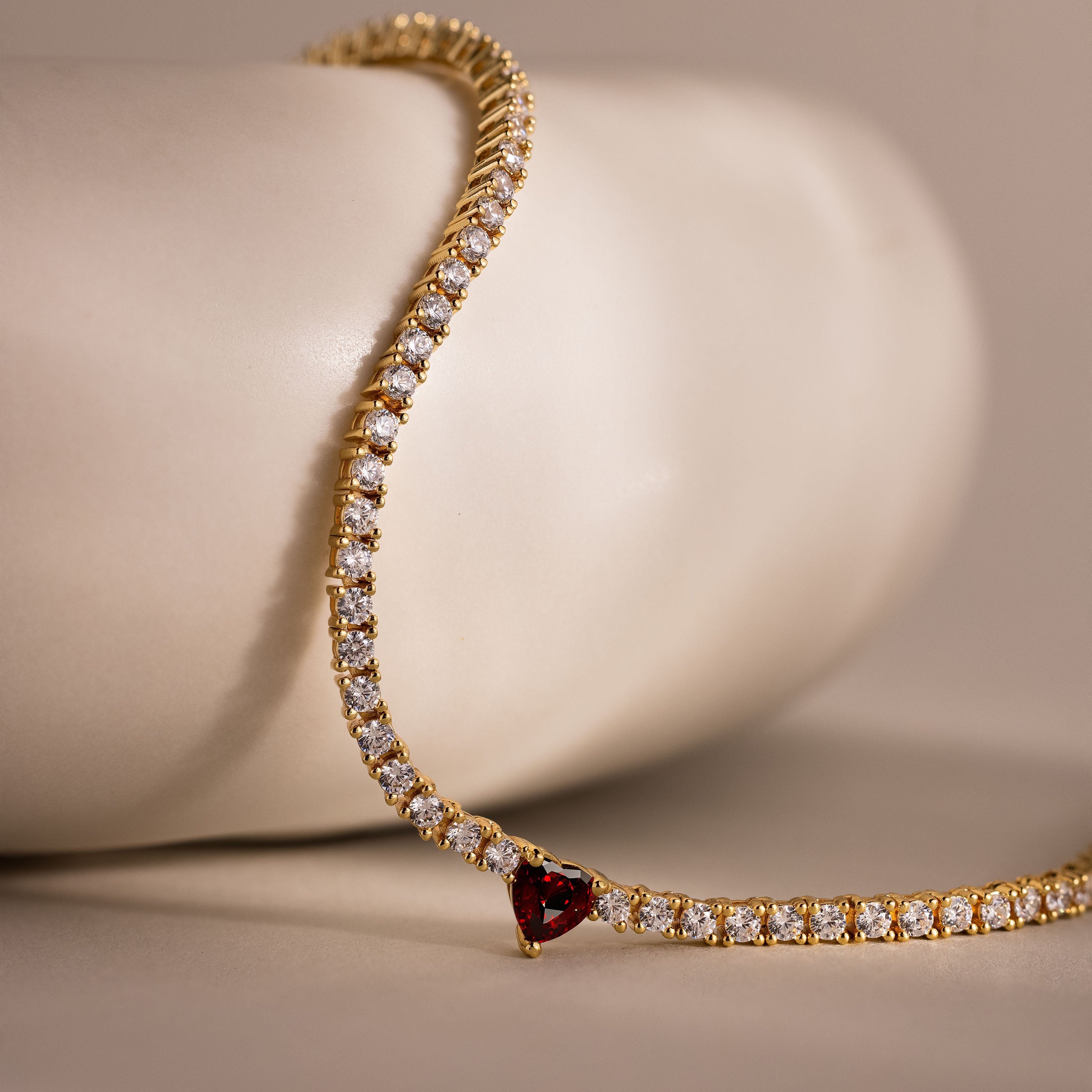 Garnet Heart Tennis Necklace in 18K Gold