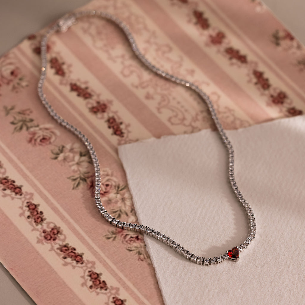 Garnet Heart Tennis Necklace in Silver