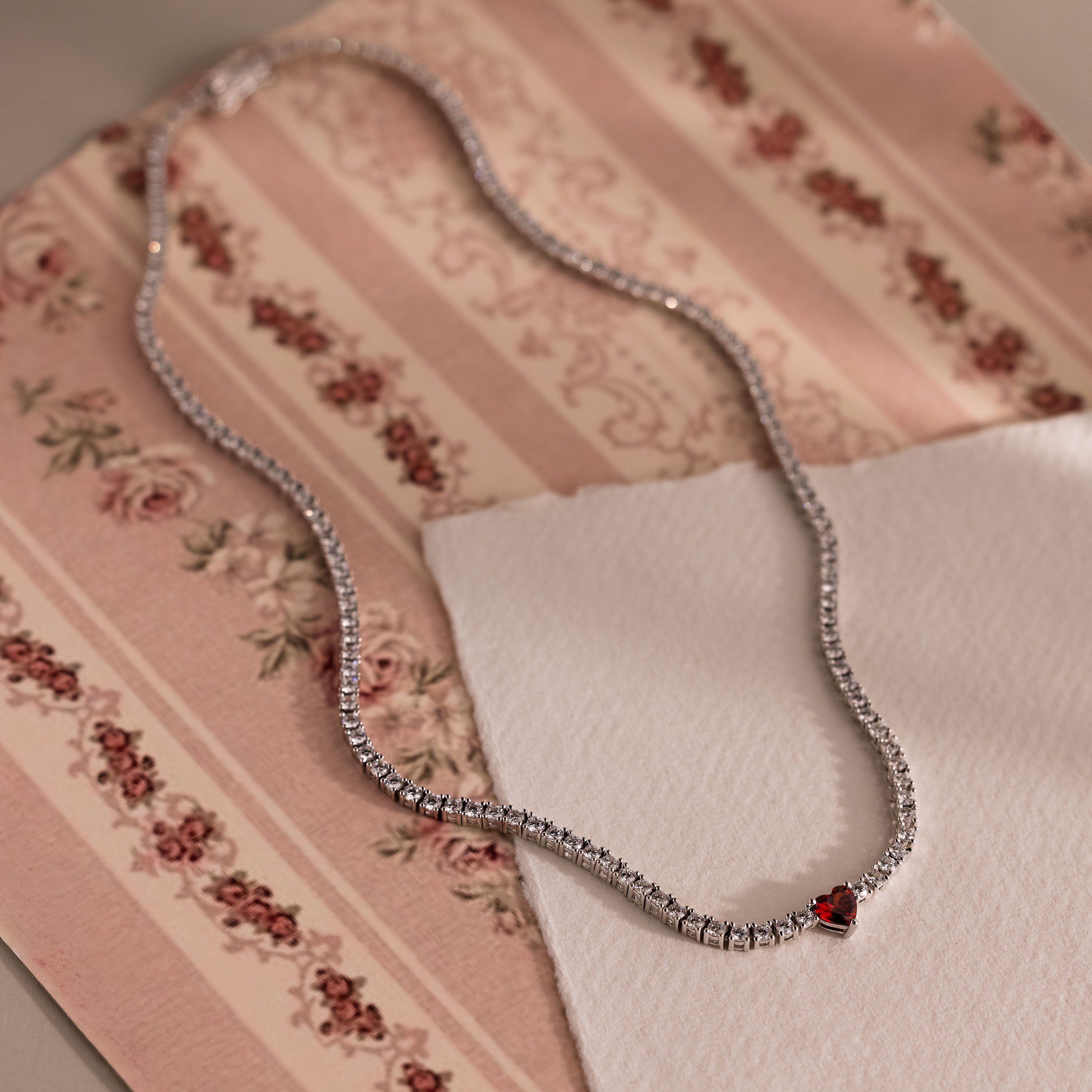 Garnet Heart Tennis Necklace in Silver