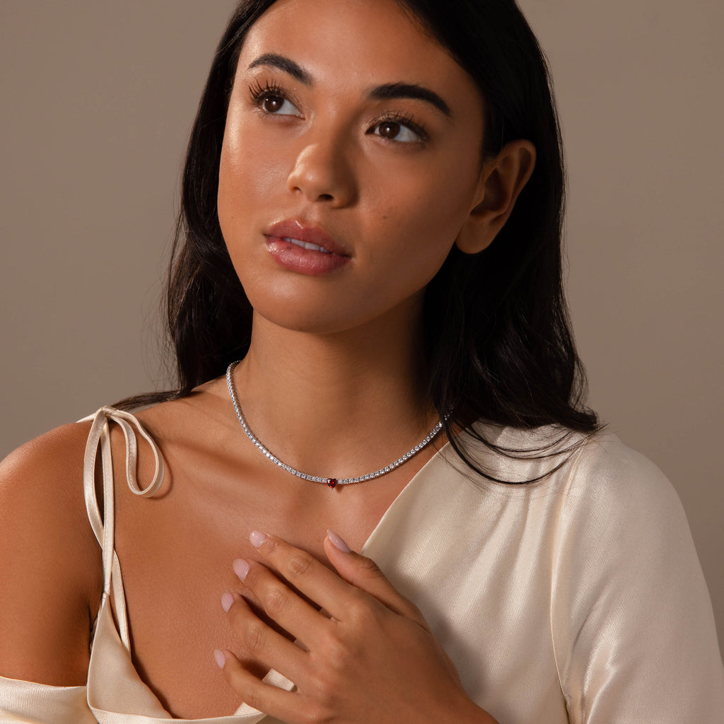 Garnet Heart Tennis Necklace in Silver