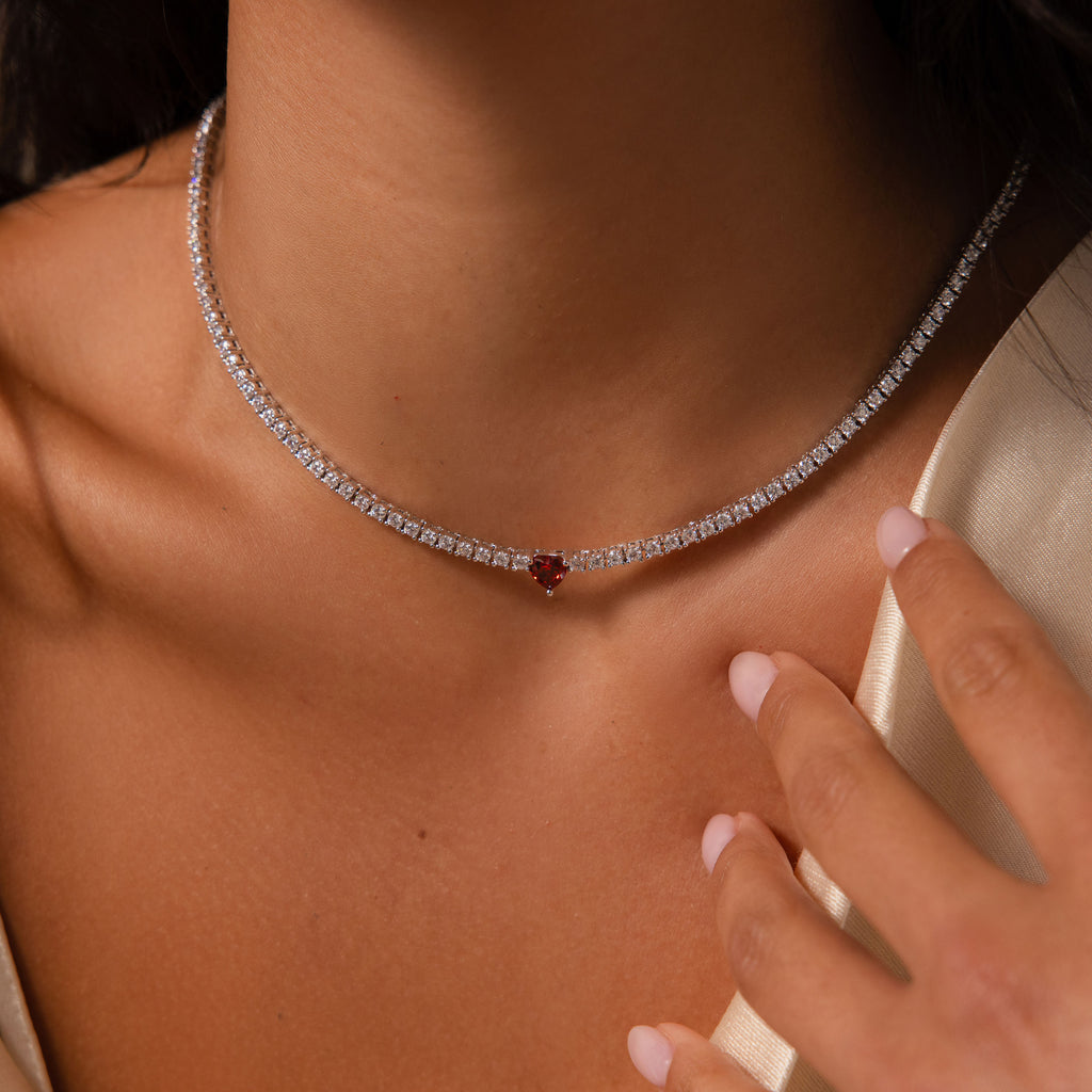 Garnet Heart Tennis Necklace in Silver