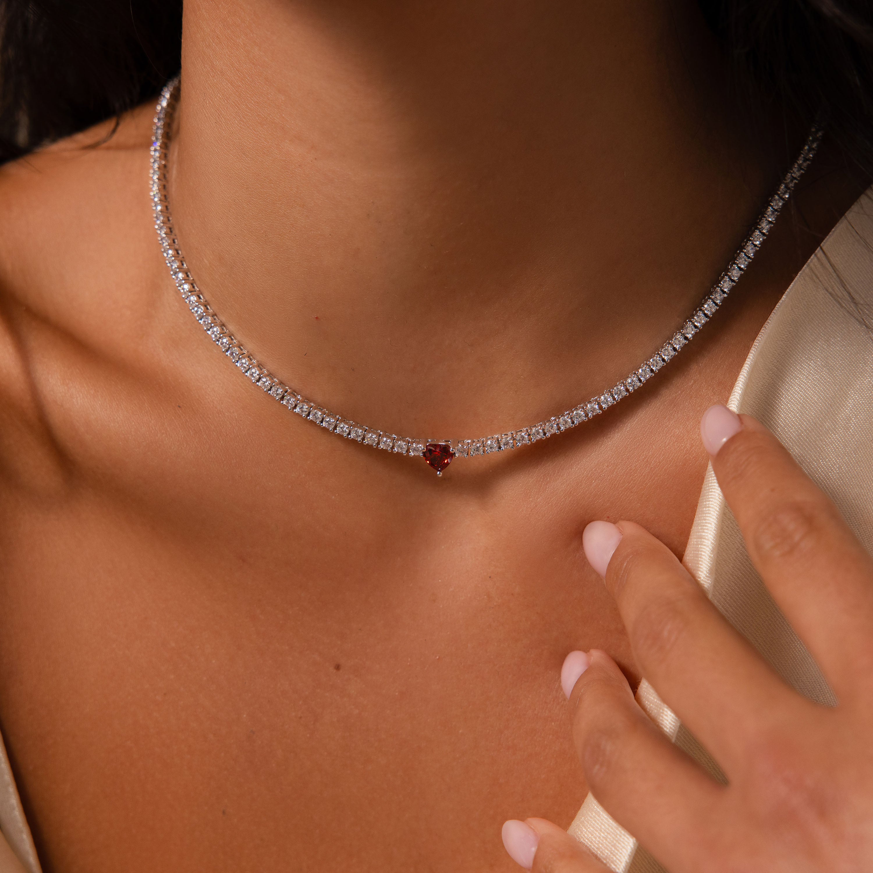 Garnet Heart Tennis Necklace in Silver