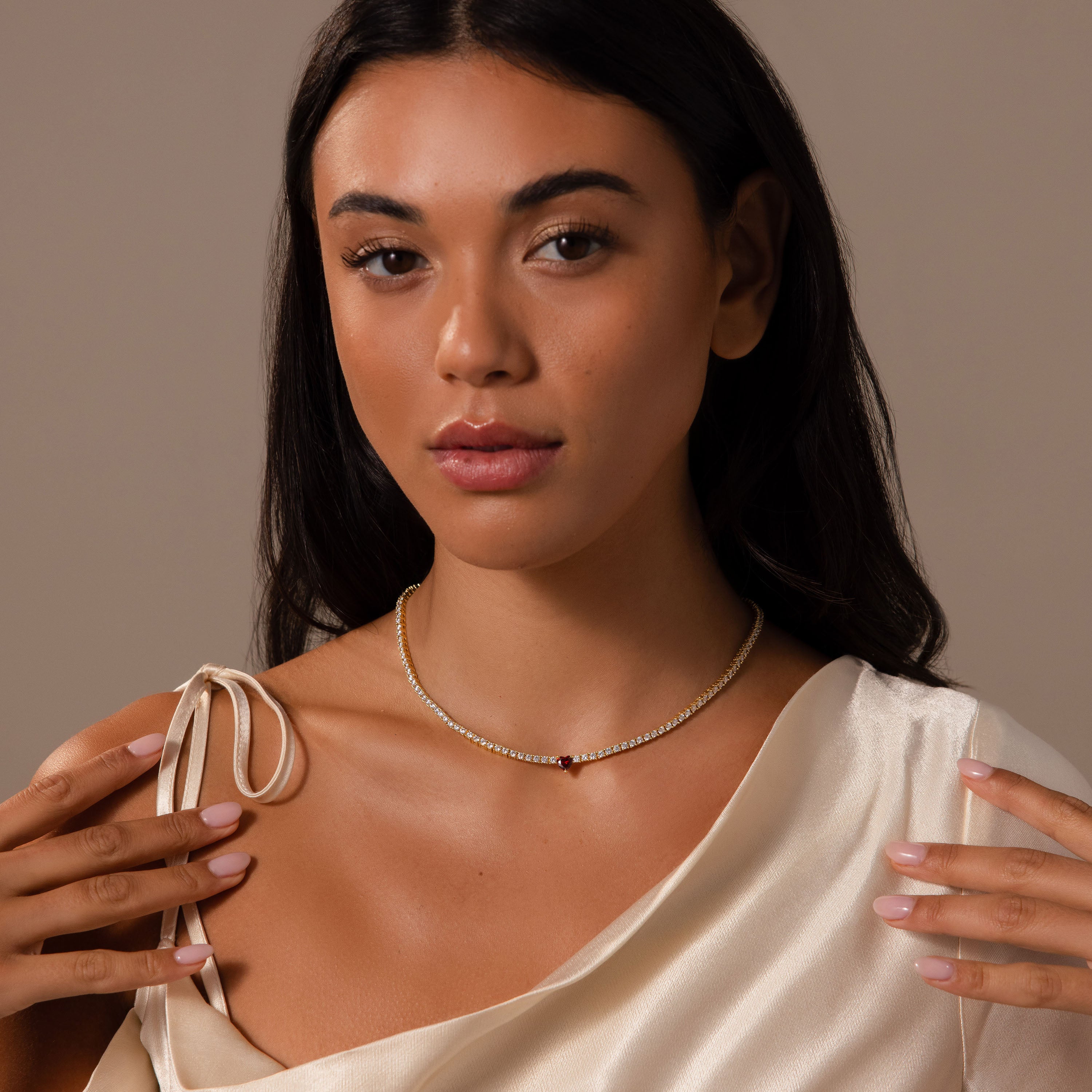 Garnet Heart Tennis Necklace in 18K Gold