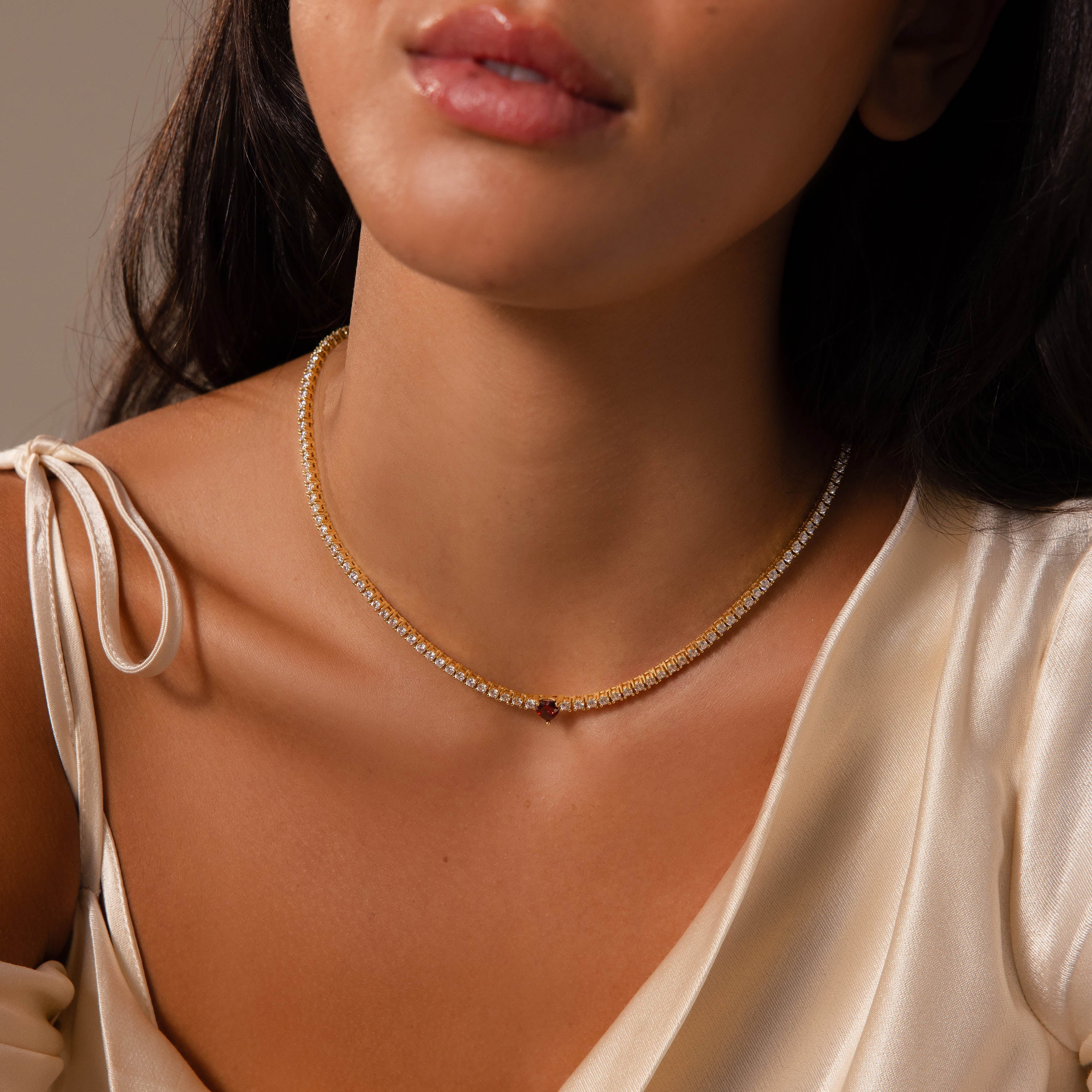 Garnet Heart Tennis Necklace in 18K Gold