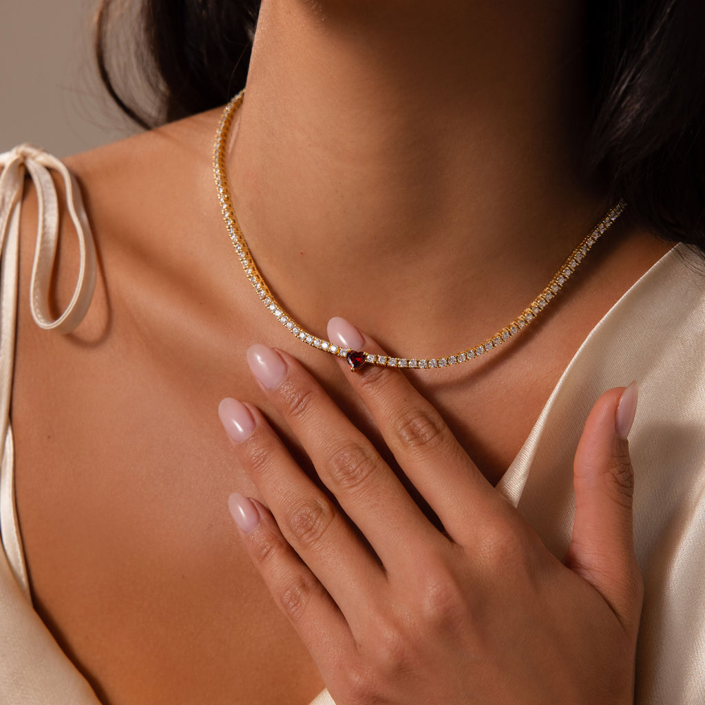 Garnet Heart Tennis Necklace in 18K Gold