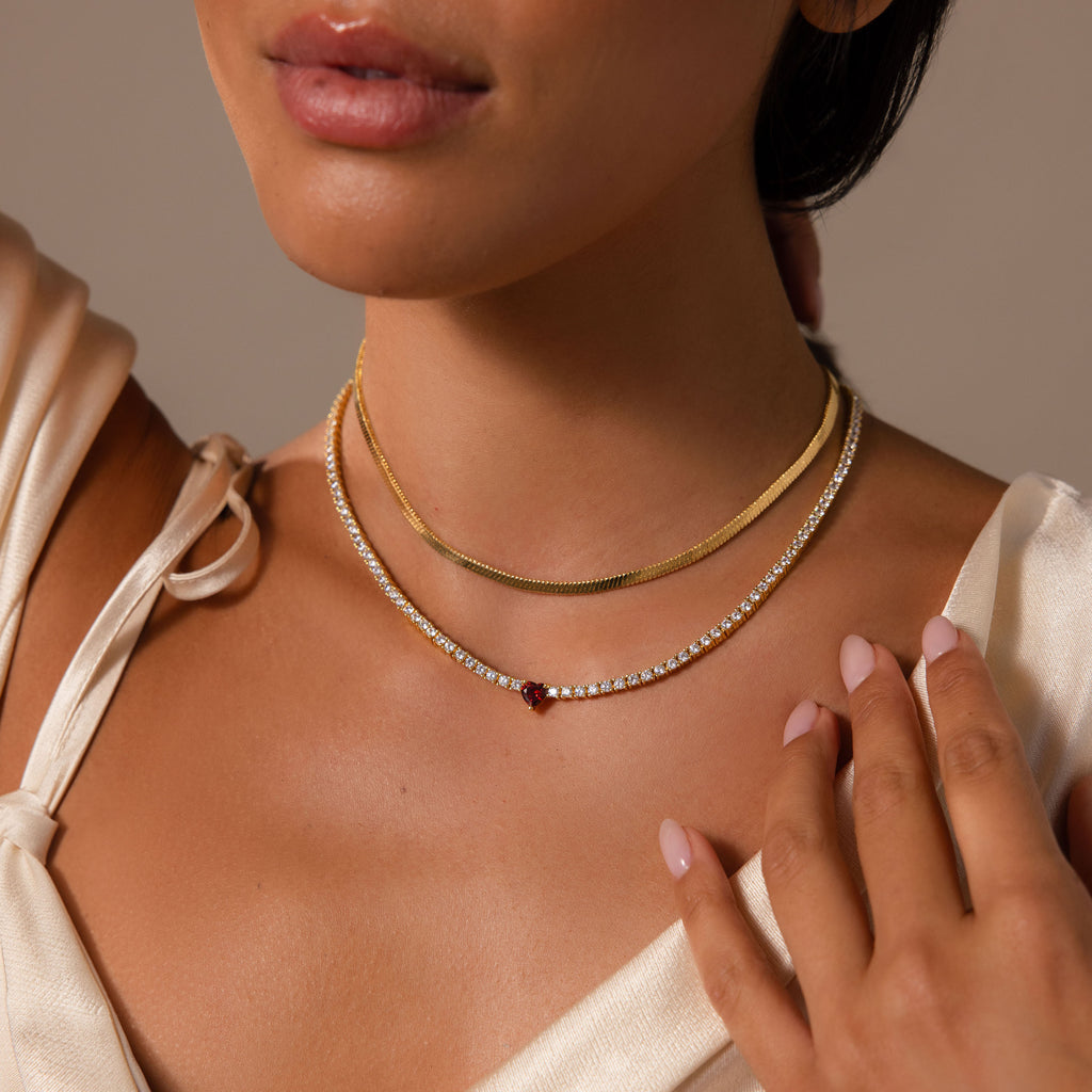 Garnet Heart Tennis Necklace in 18K Gold