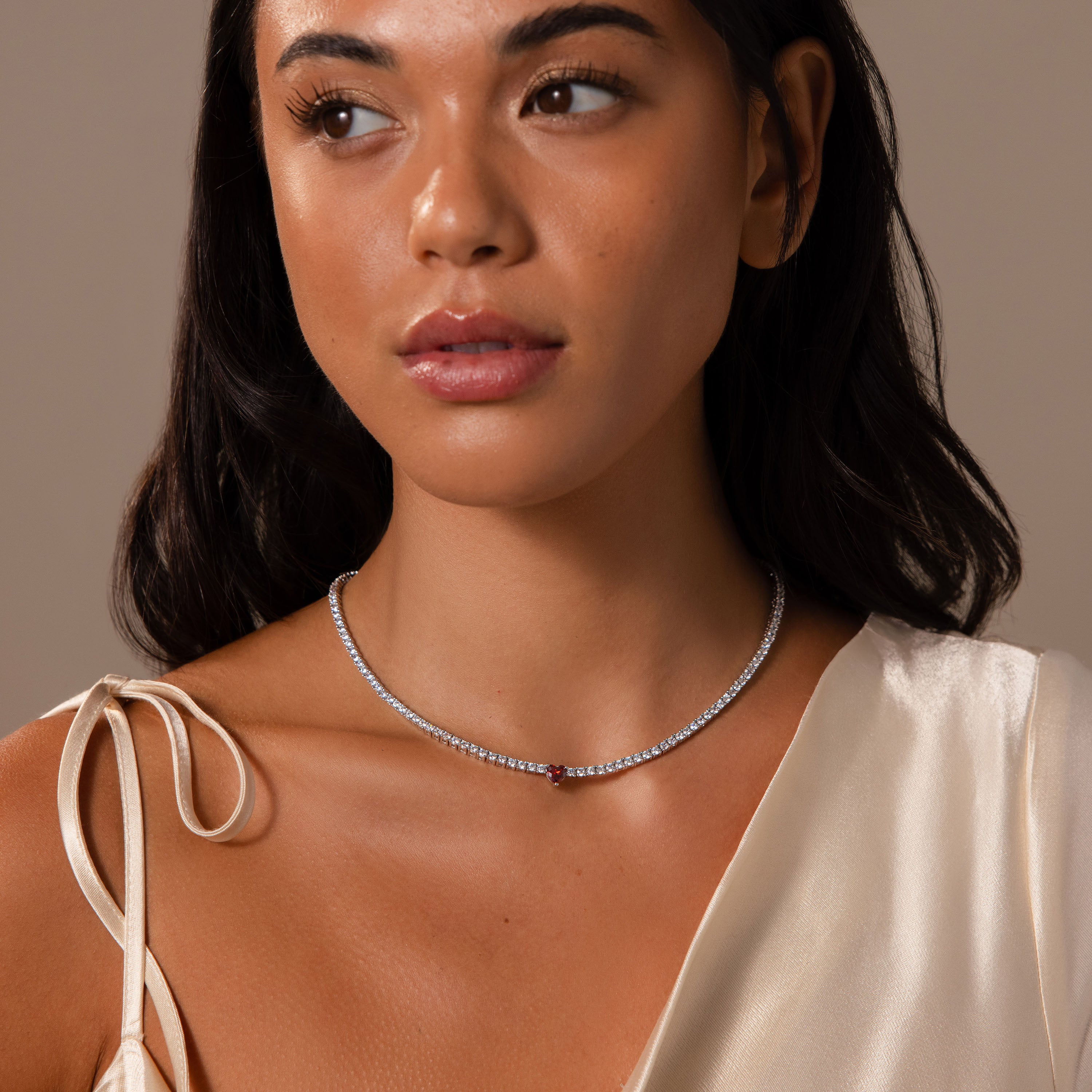 Garnet Heart Tennis Necklace in Silver