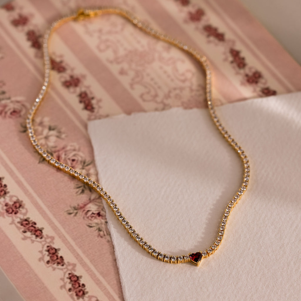 Garnet Heart Tennis Necklace in 18K Gold