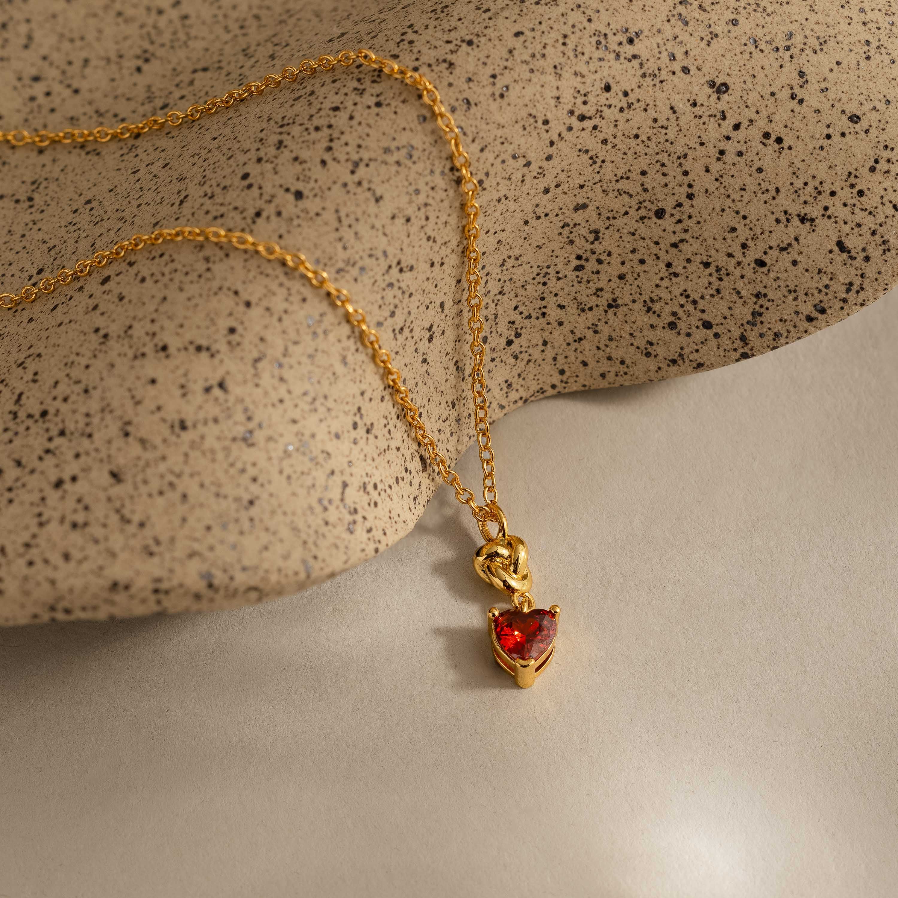 Garnet Heart Knot Necklace in 18K Gold