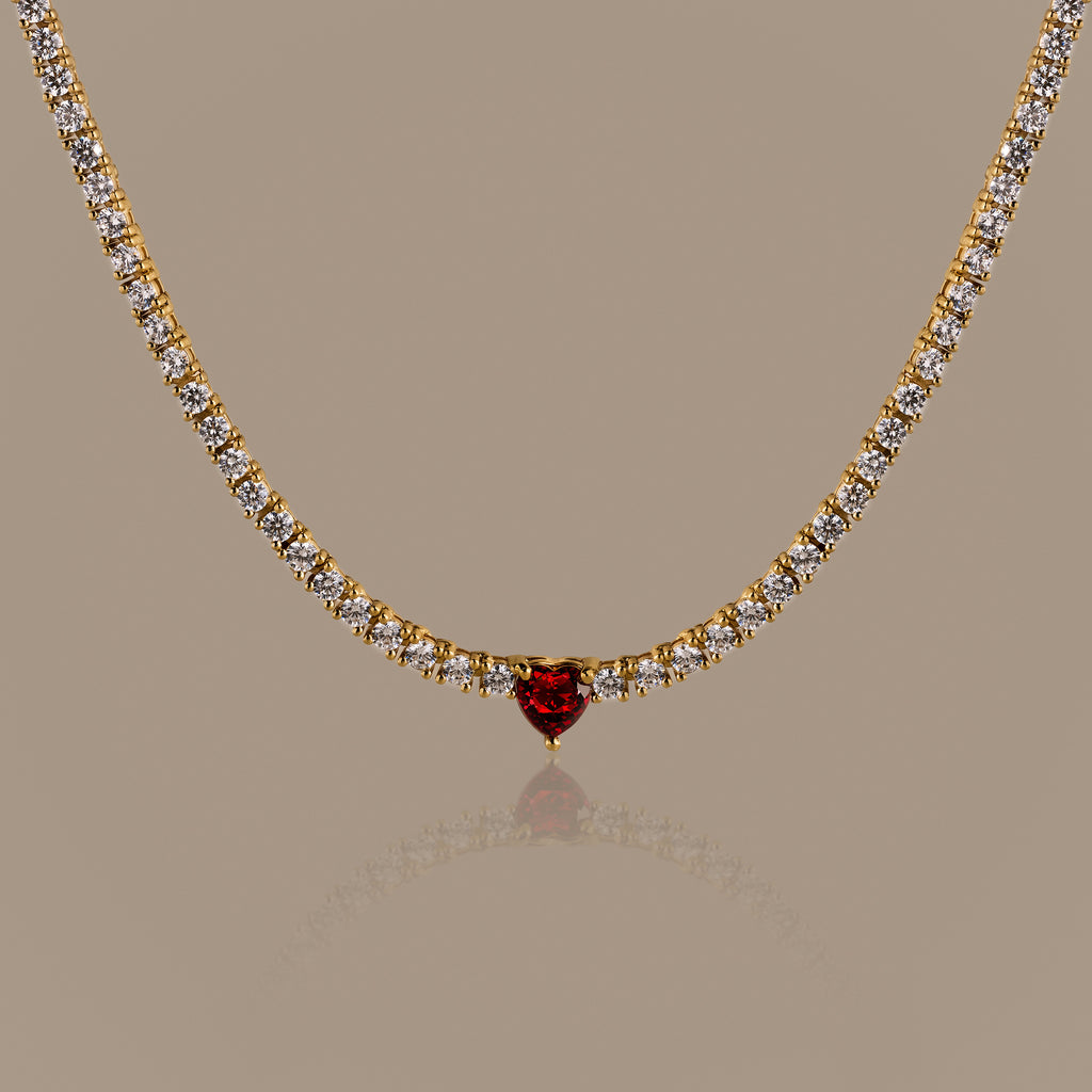 Garnet Heart Tennis Necklace in 18K Gold