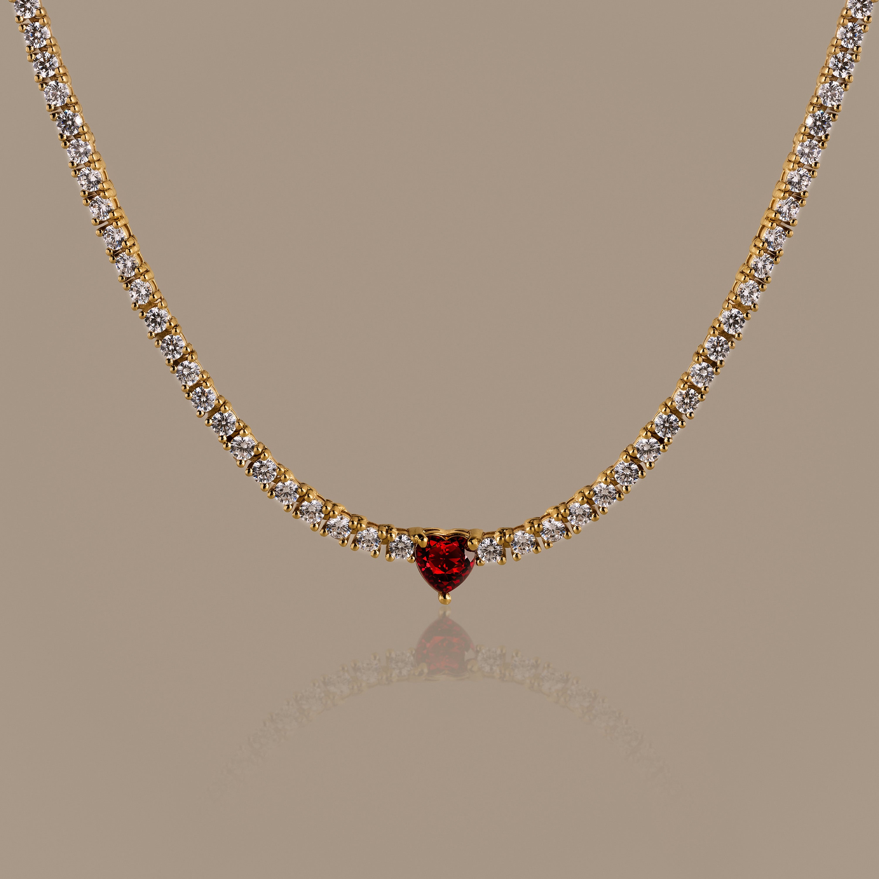 Garnet Heart Tennis Necklace in 18K Gold