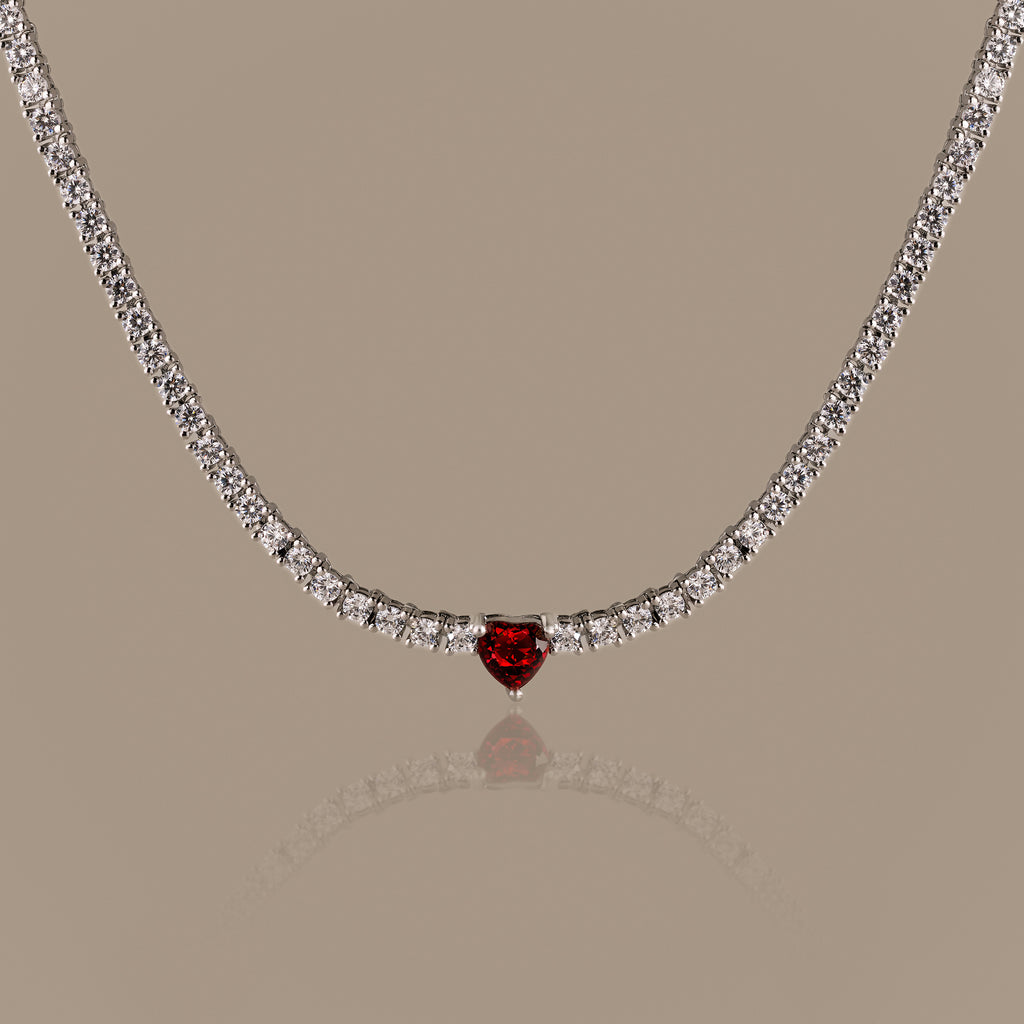 Garnet Heart Tennis Necklace in Silver