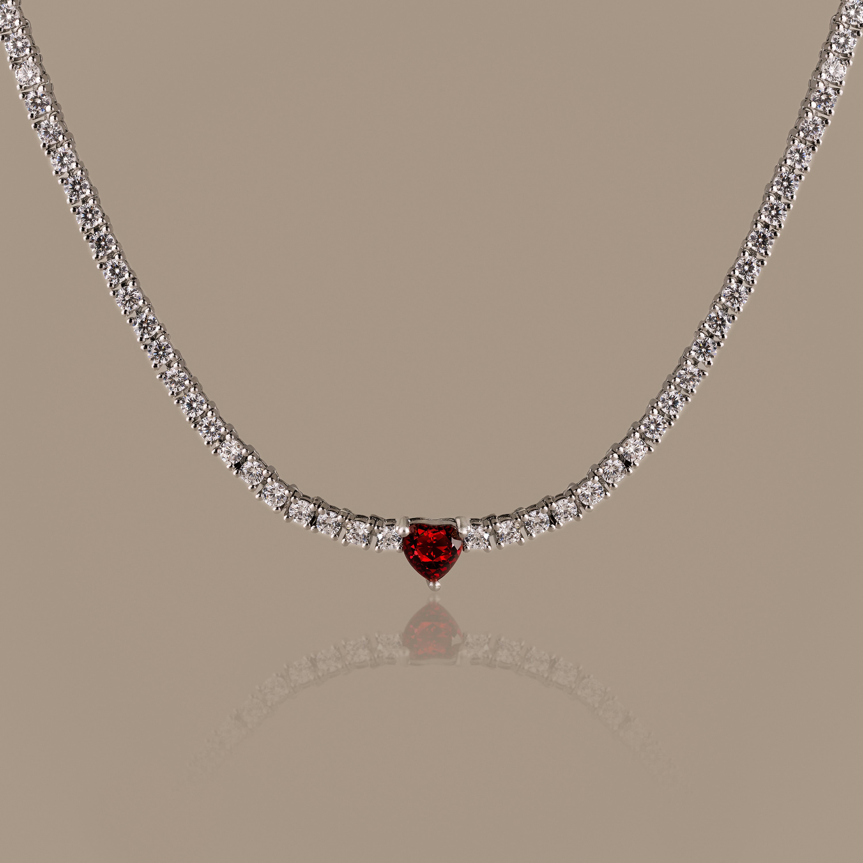 Garnet Heart Tennis Necklace in Silver