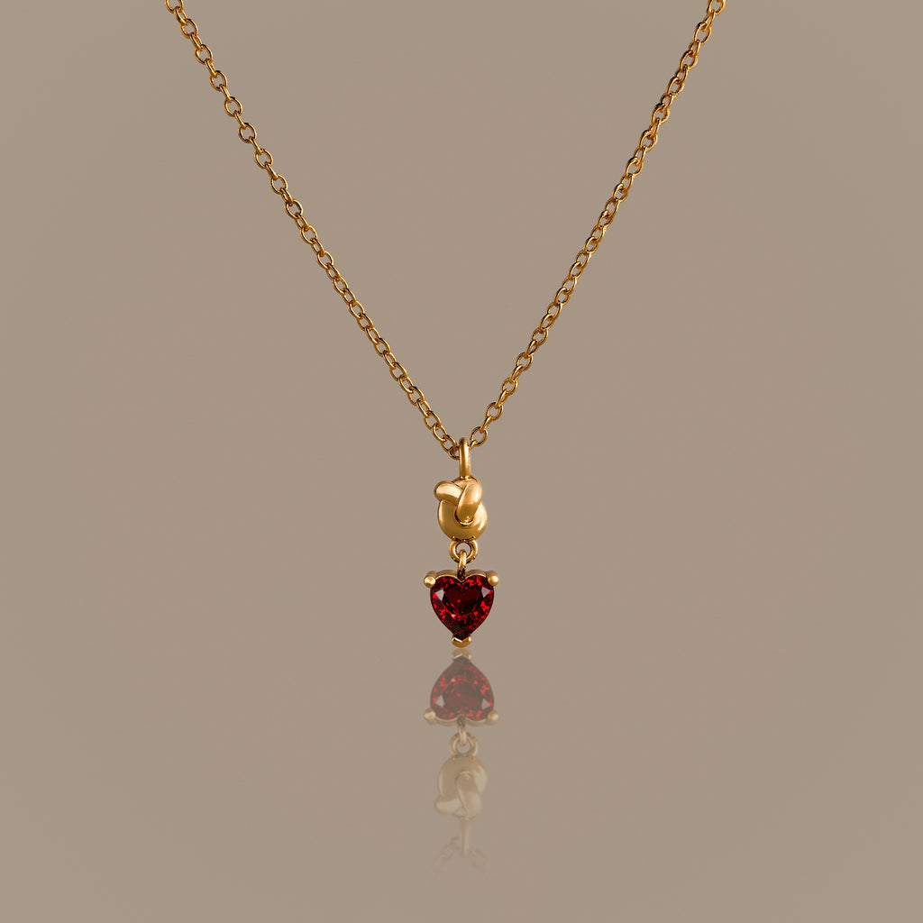 Garnet Heart Knot Necklace in 18K Gold