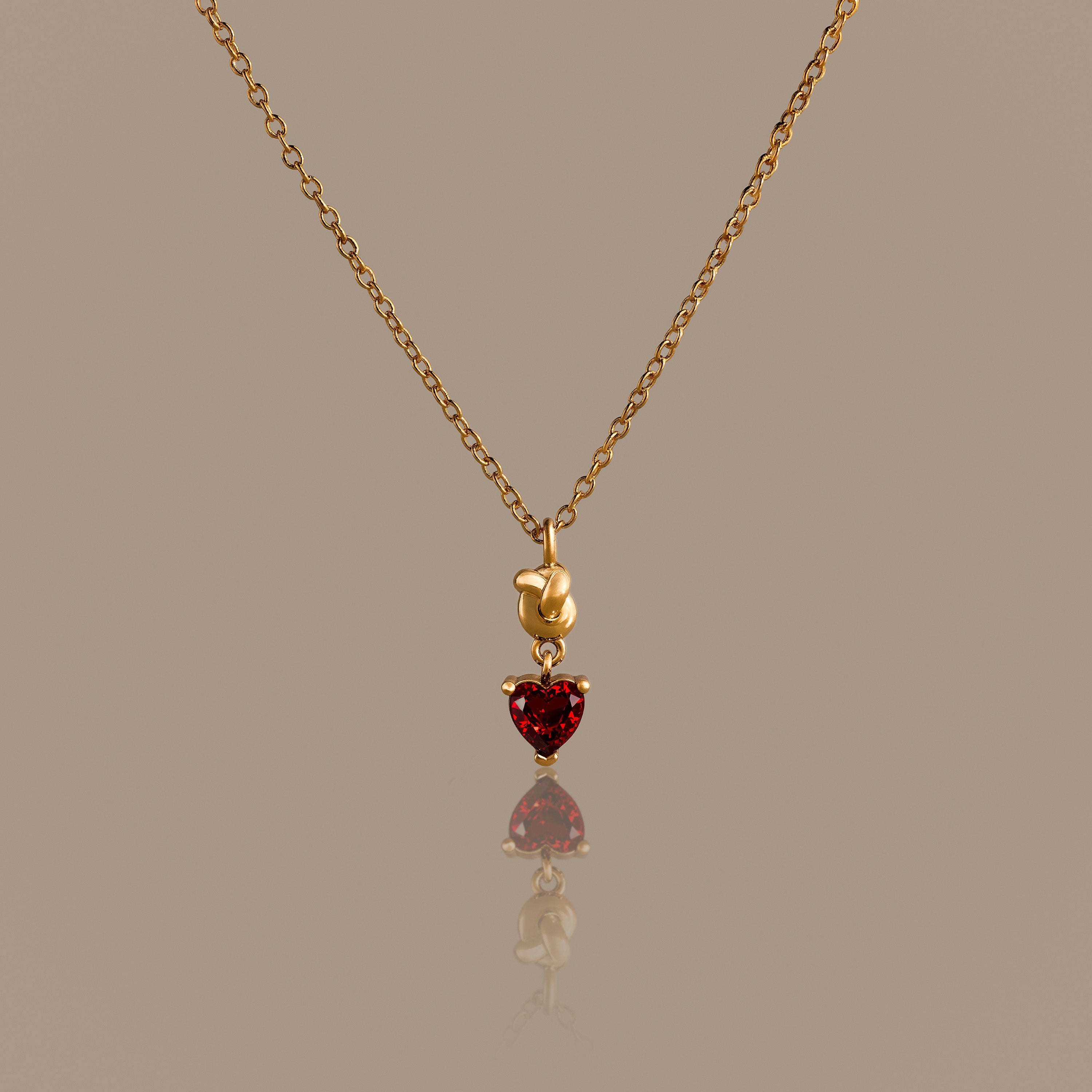 Garnet Heart Knot Necklace in 18K Gold