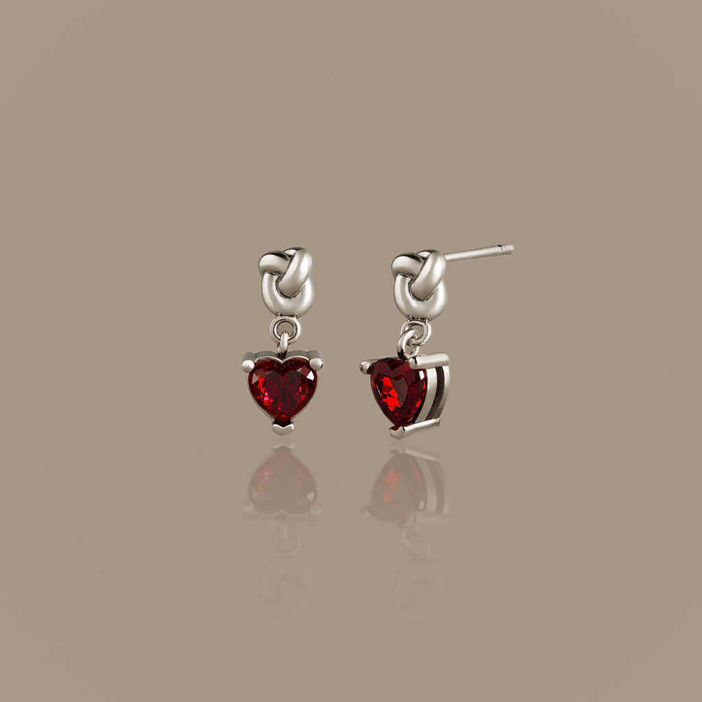 Garnet Heart Knot Studs in Silver