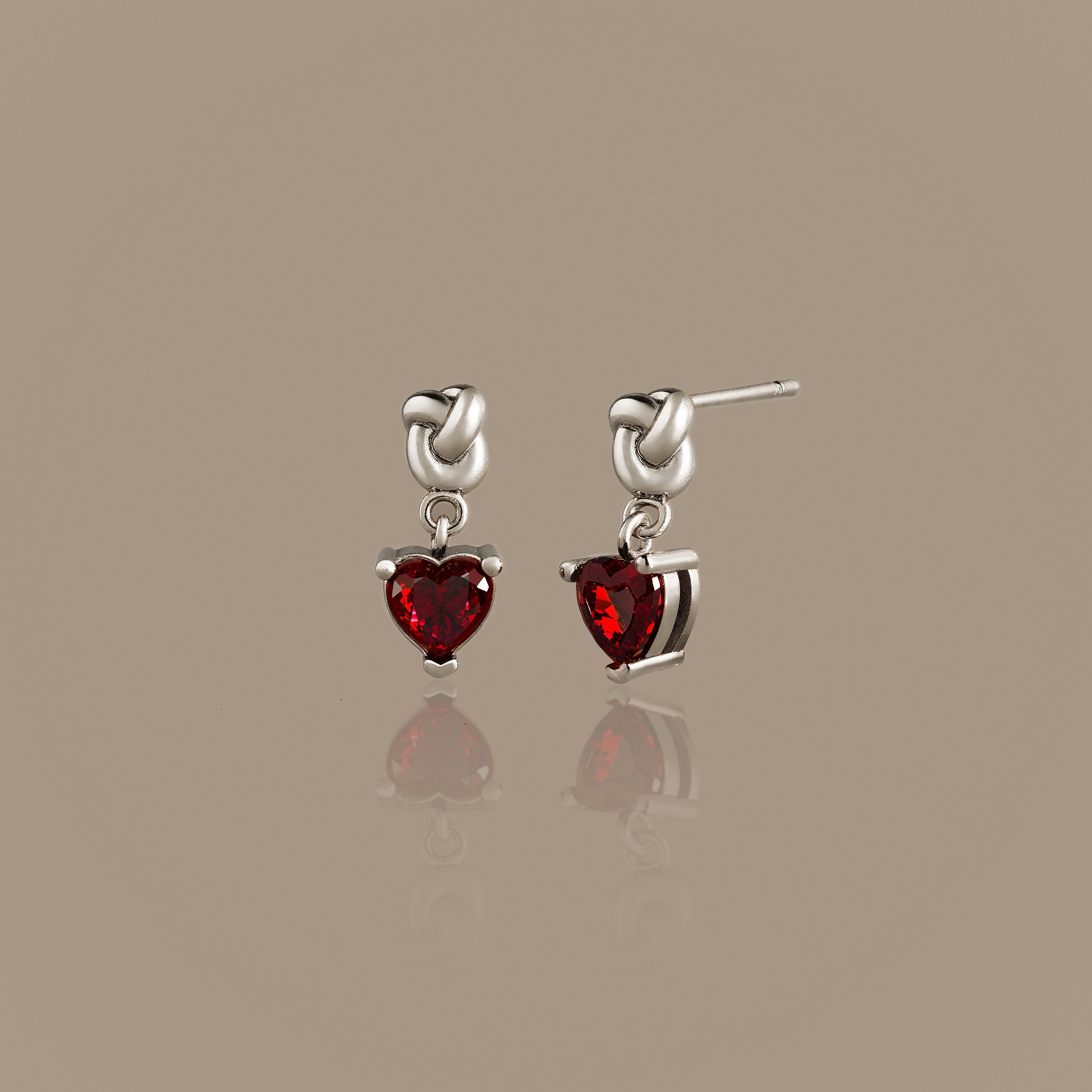 Garnet Heart Knot Studs in Silver