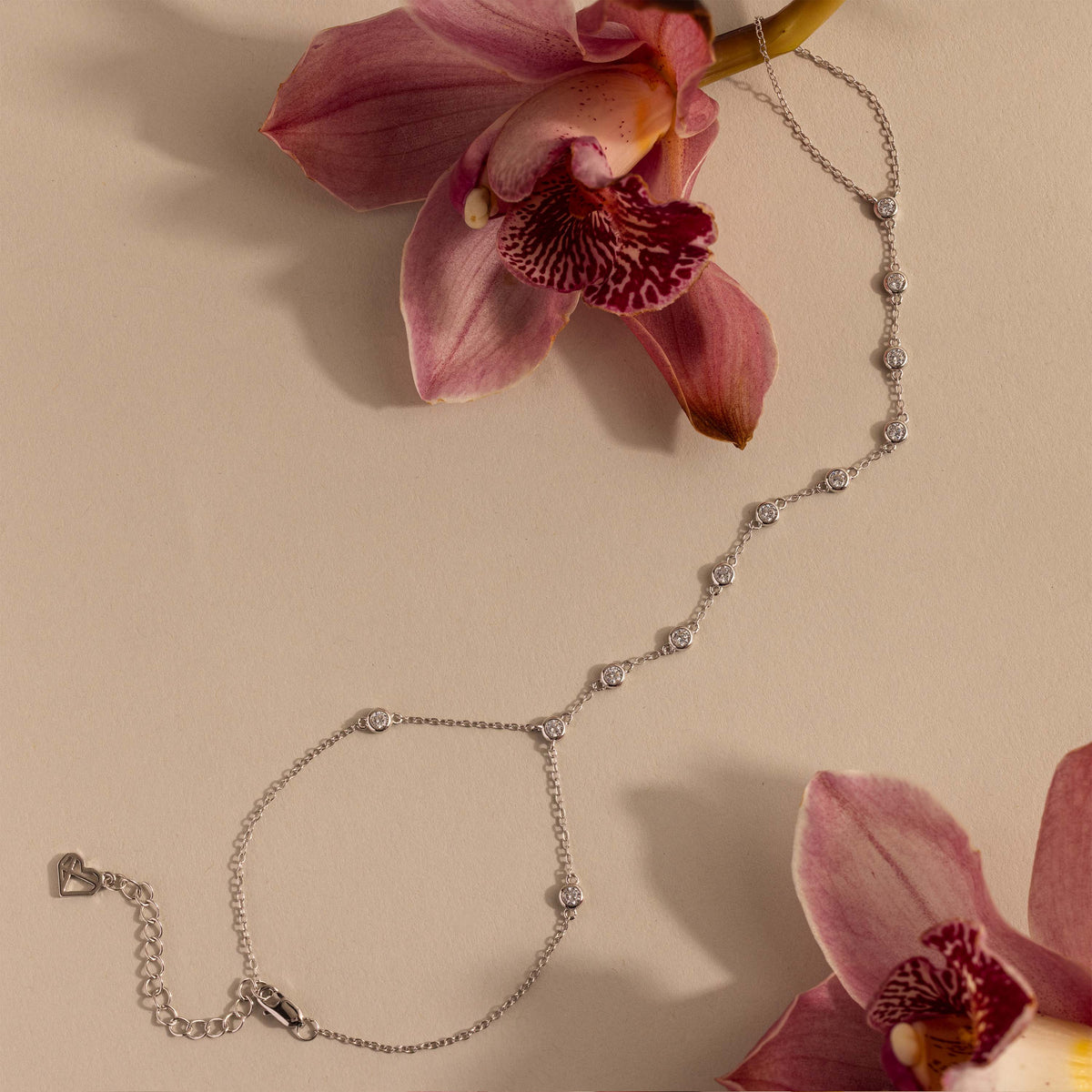 Beaded Diamond Hand Chain Bracelet in Silver
