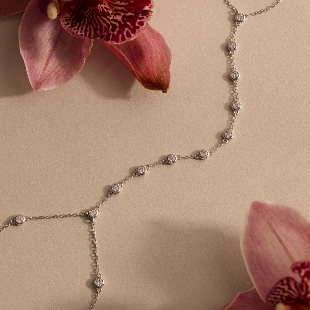 Beaded Diamond Hand Chain Bracelet in Silver