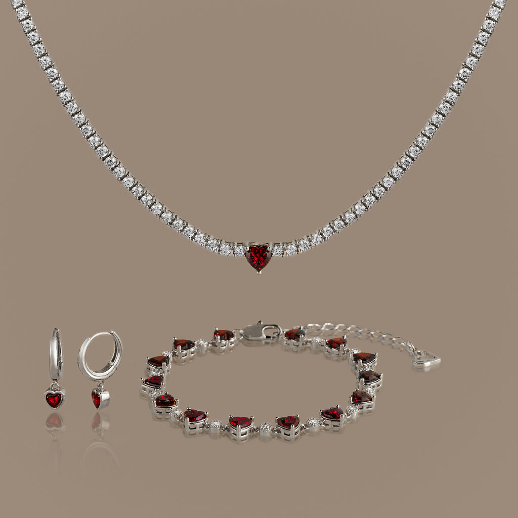 Garnet Diamond Heart Jewelry Set in Silver