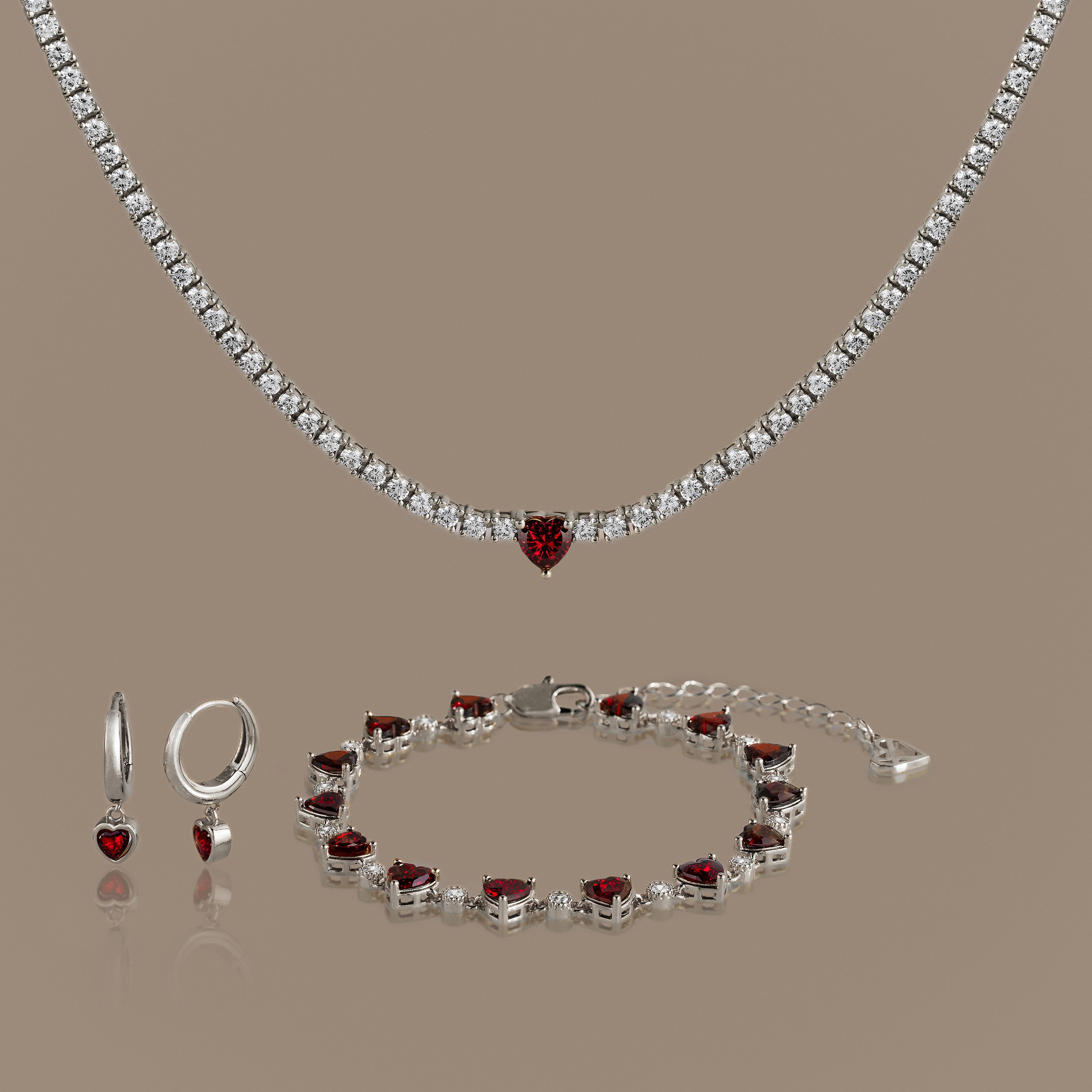 Garnet Diamond Heart Jewelry Set in Silver