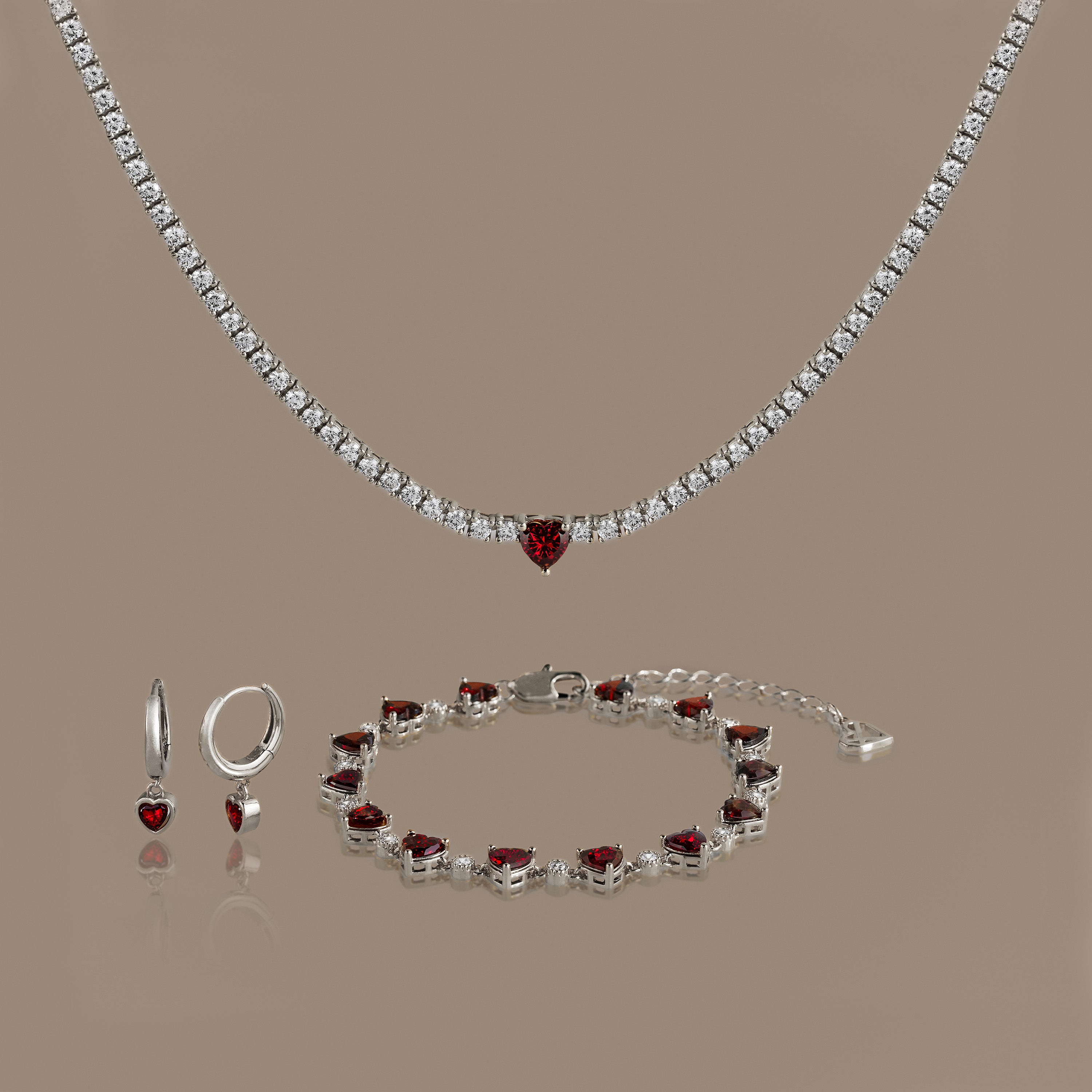 Garnet Diamond Heart Jewelry Set in Silver