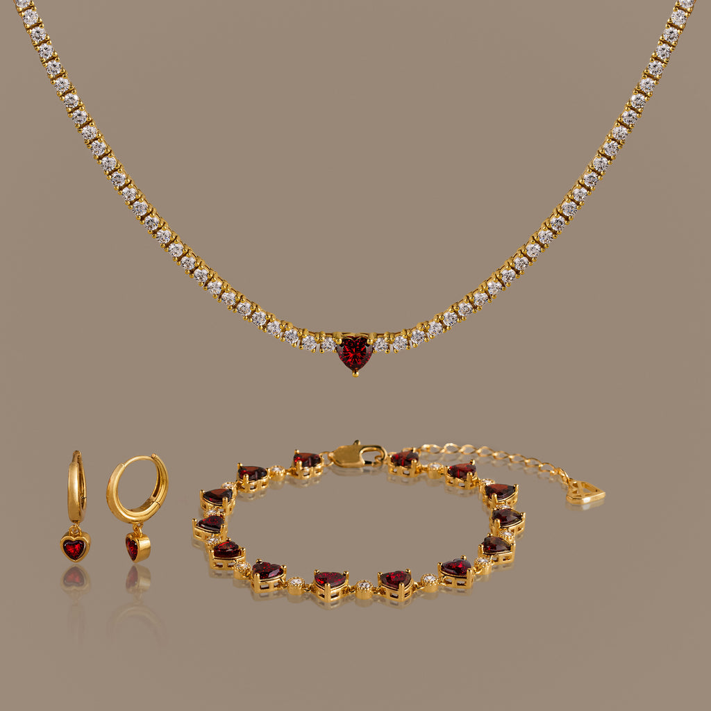 Garnet Diamond Heart Jewelry Set in 18K Gold