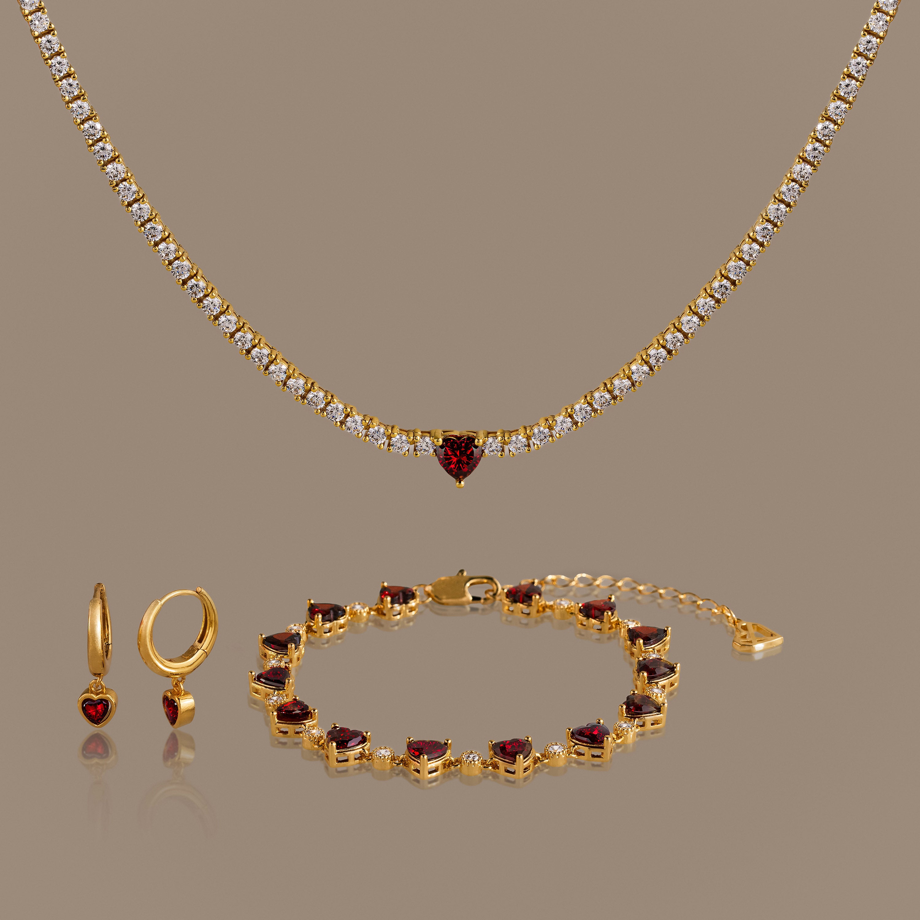 Garnet Diamond Heart Jewelry Set in 18K Gold