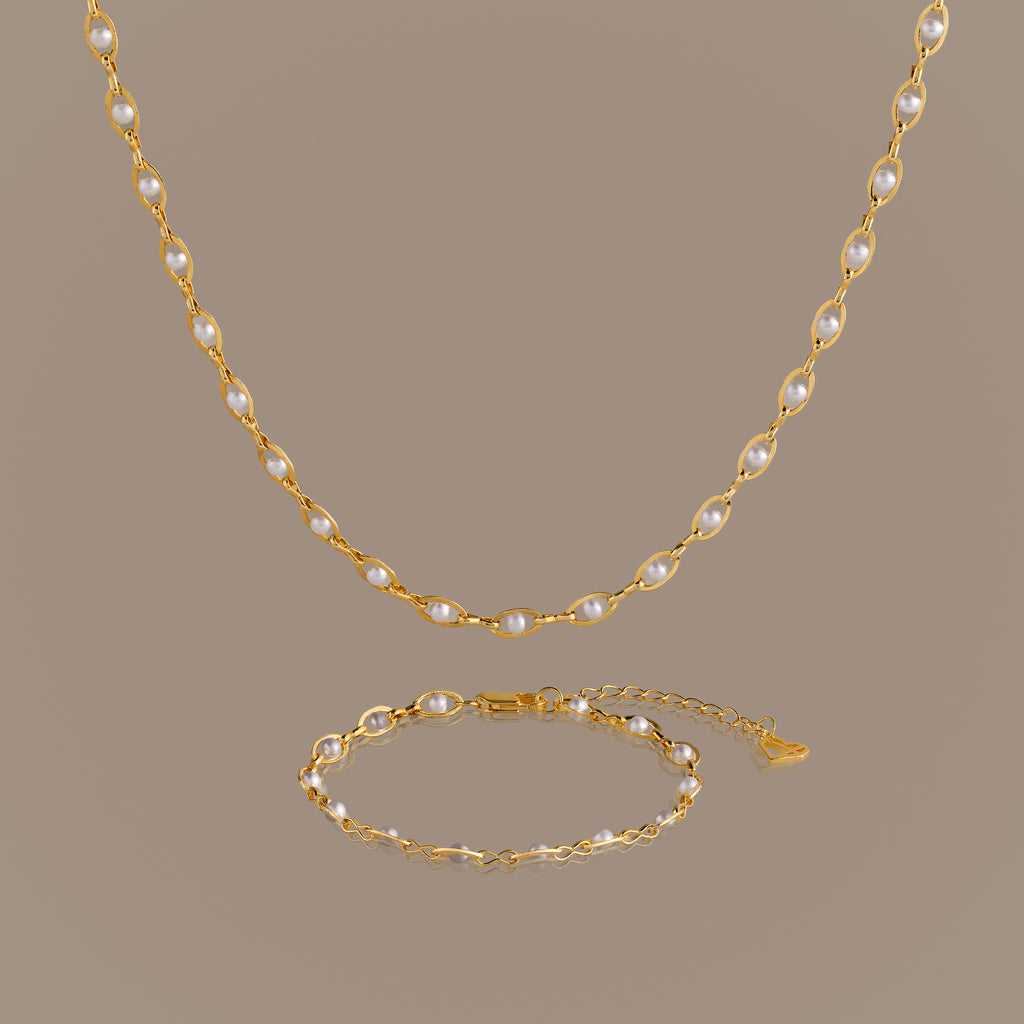 Eternity Pearl Necklace & Bracelet Set in 18K Gold