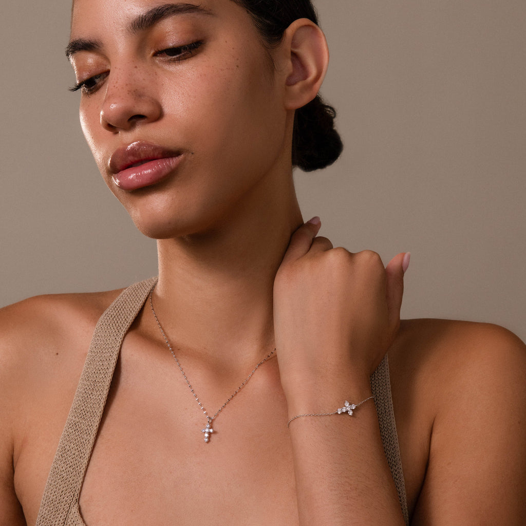 Diamond Cross Necklace & Bracelet Set in Silver