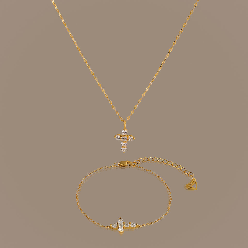 Diamond Cross Necklace & Bracelet Set in 18K Gold