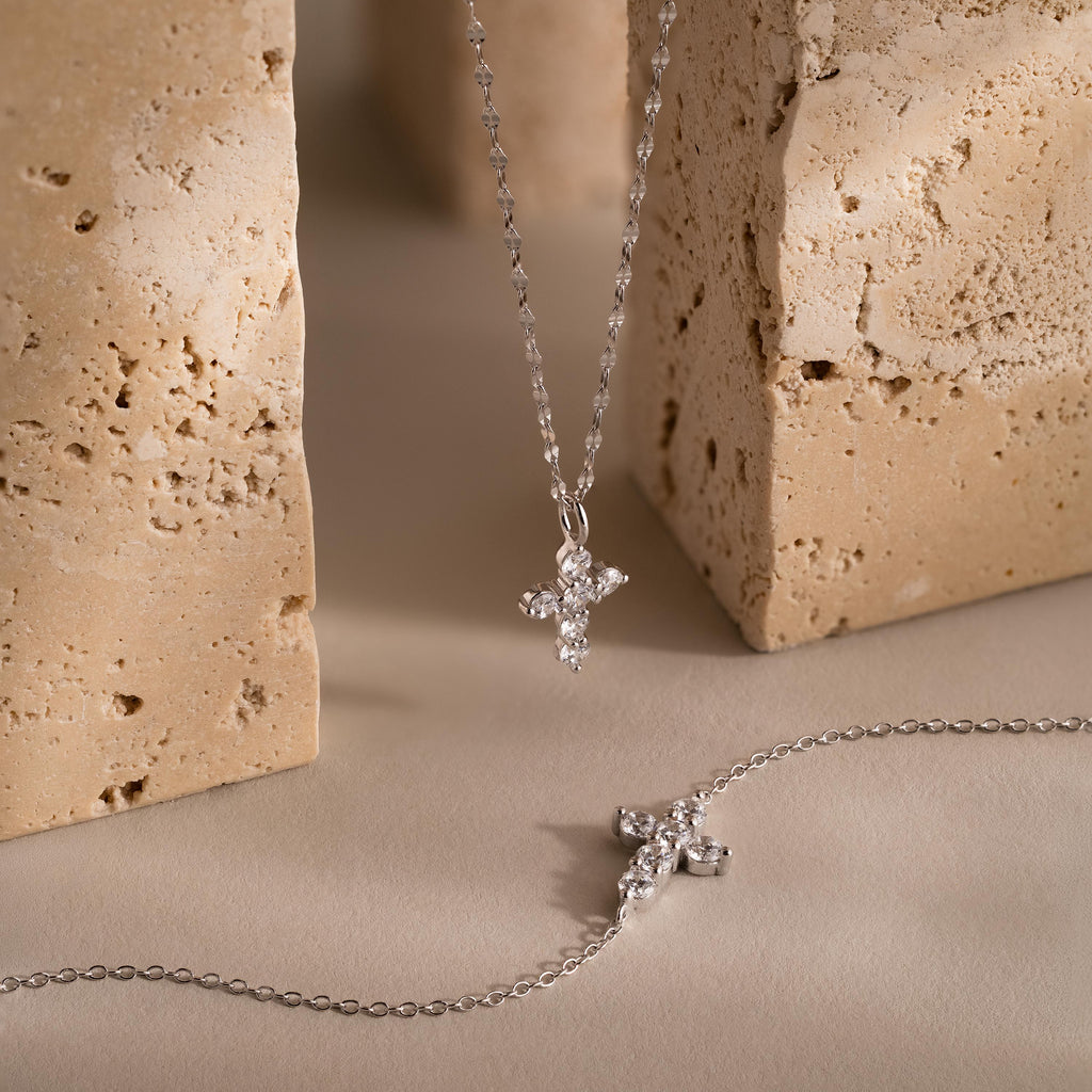 Diamond Cross Necklace & Bracelet Set in Silver