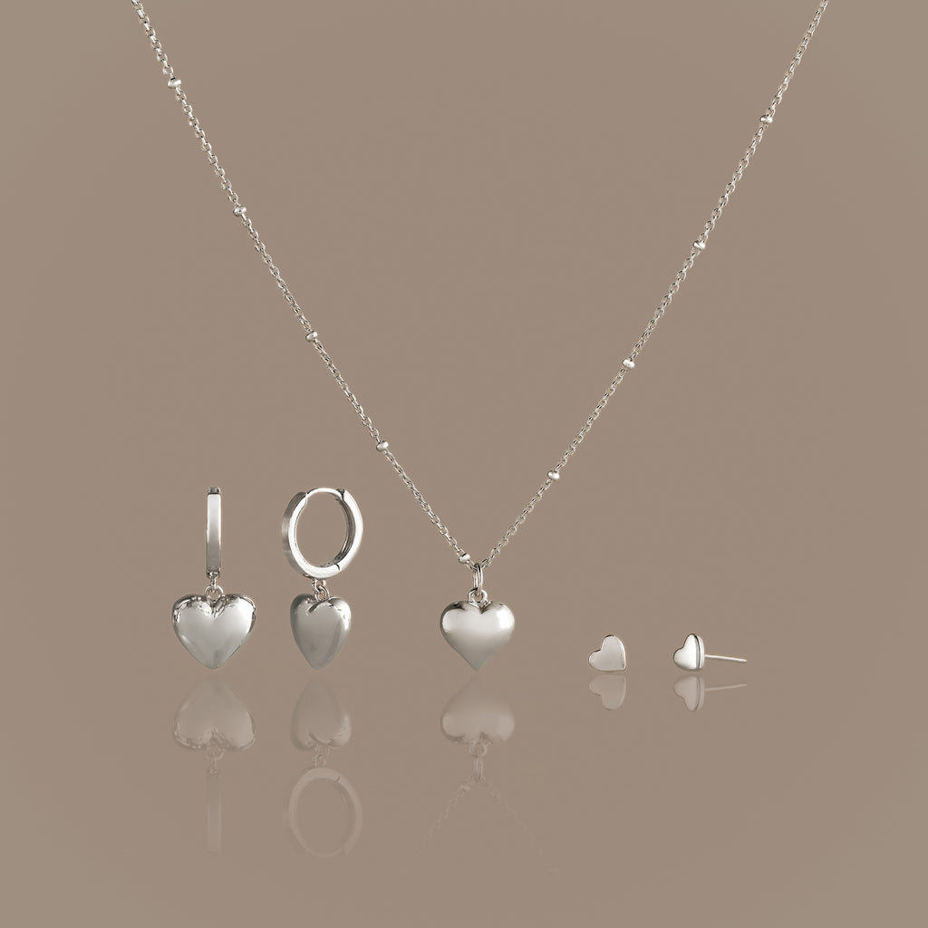 Puff Heart Jewelry Set in Silver