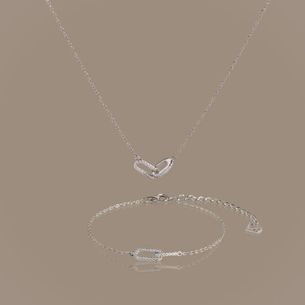 Pave Linked Necklace & Bracelet Set in Silver