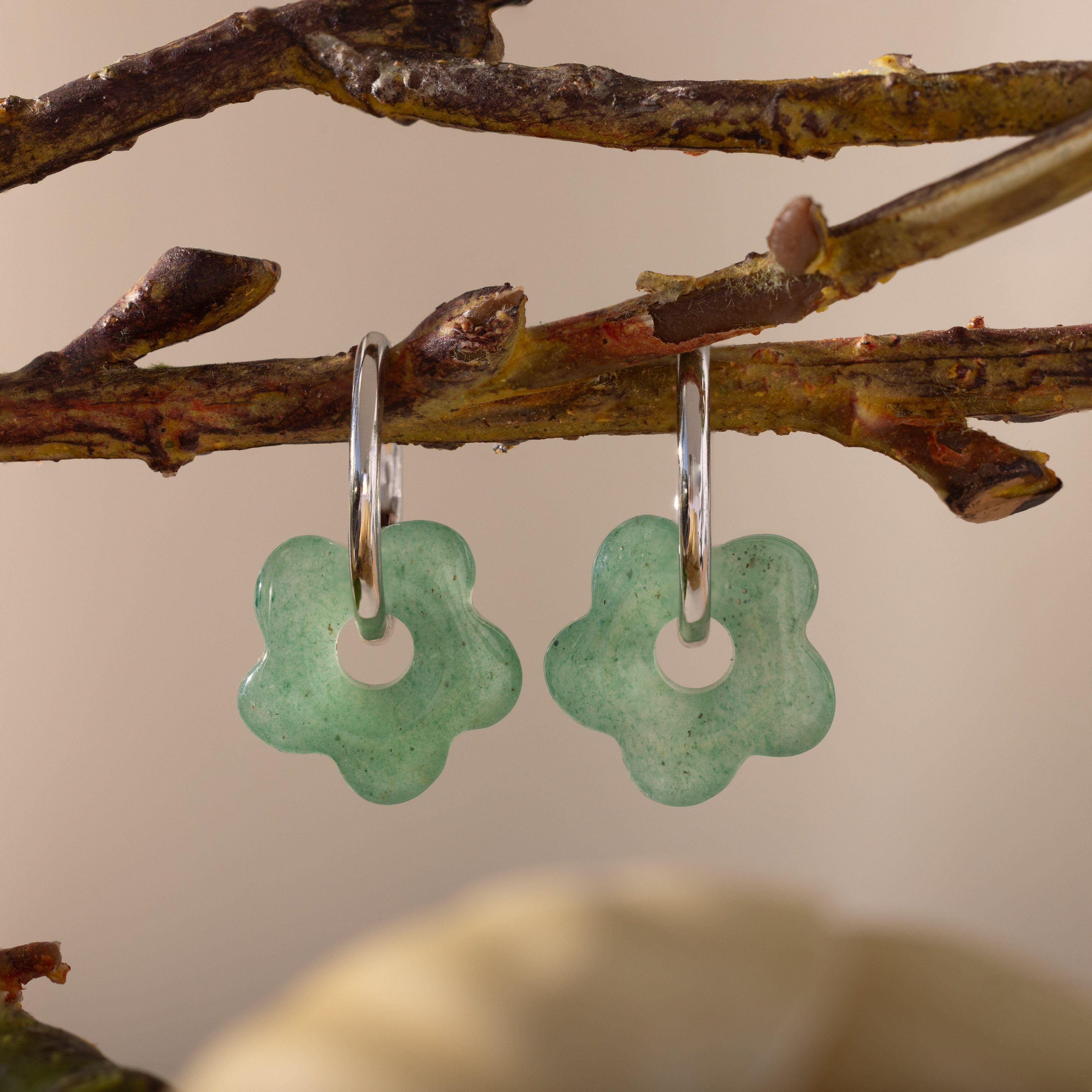 Jade Flower Hoops in Silver