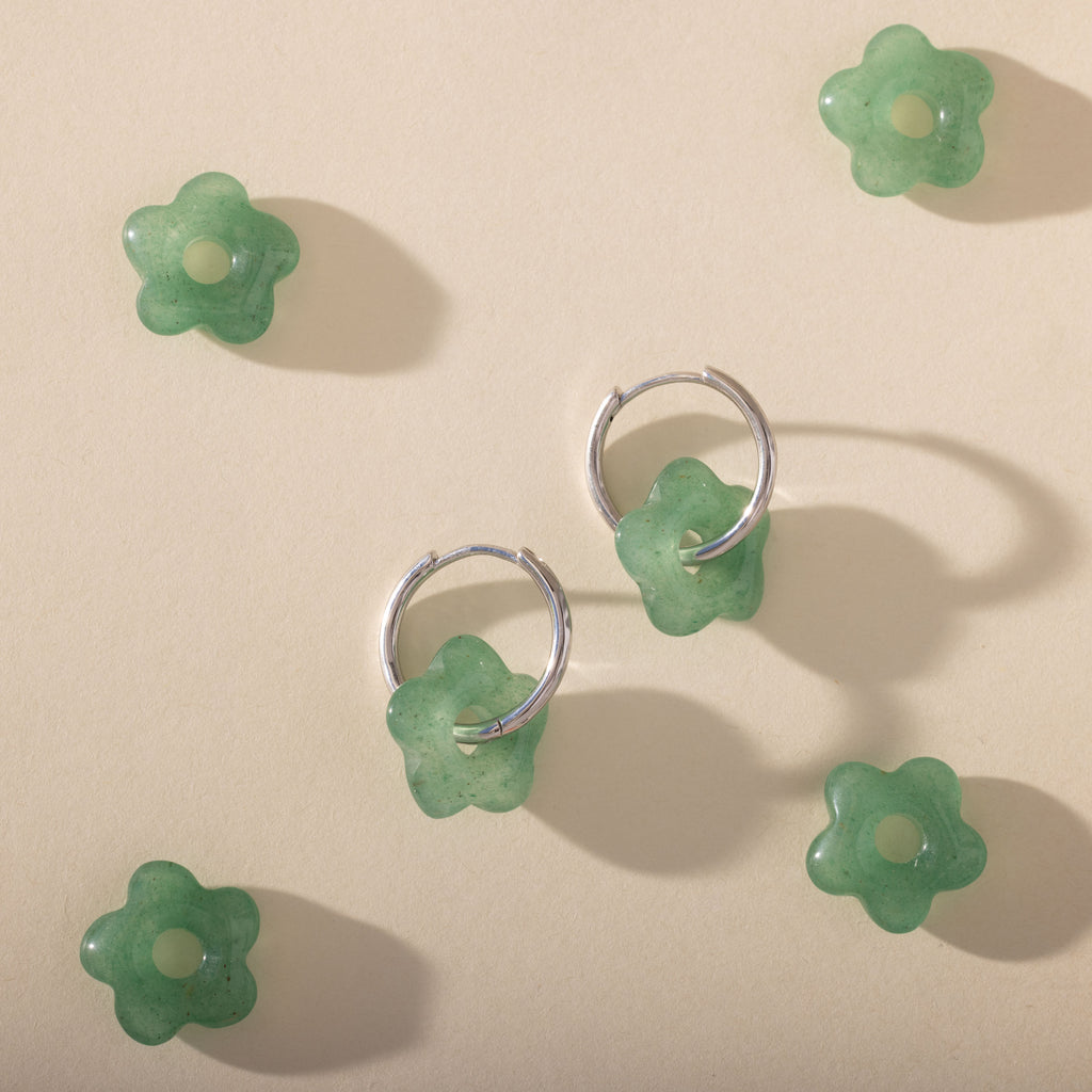 Jade Flower Hoops in Silver