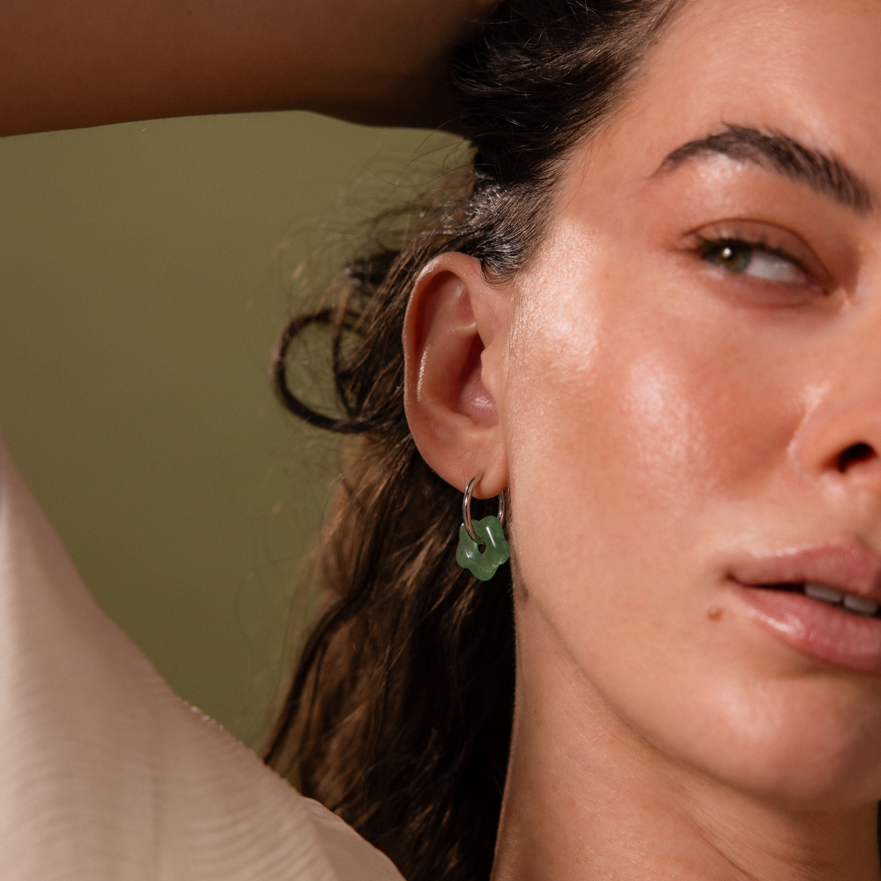 Jade Flower Hoops in Silver
